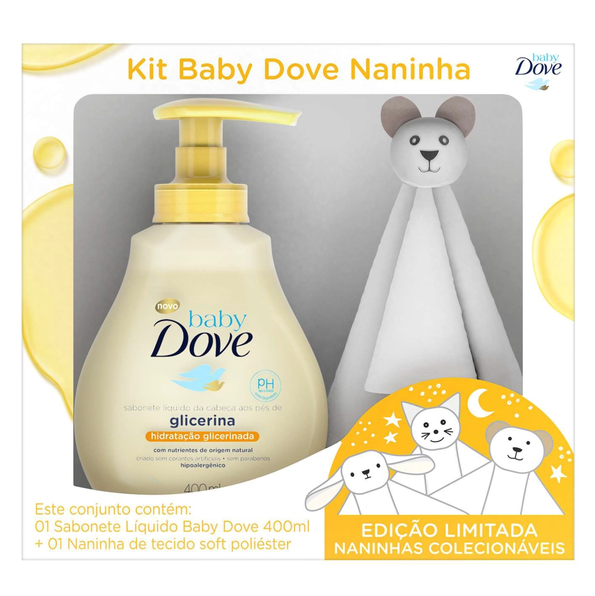 Kit Sabonete Líquido Hidratação Glicerinada Da Cabeça Aos Pés 400ml Naninha Ursinho Dove Baby