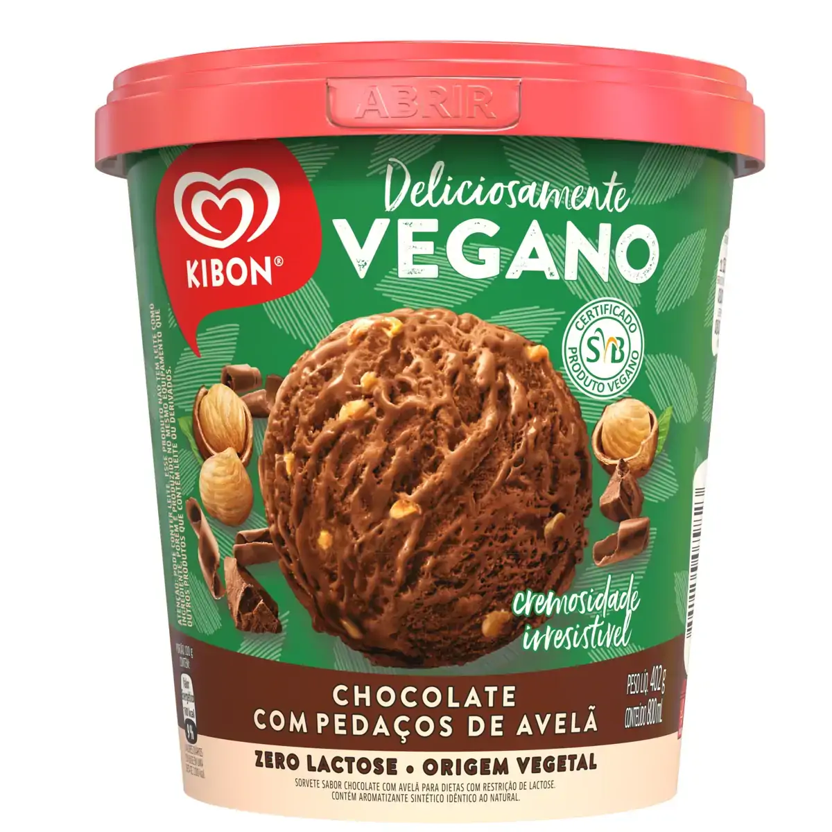 Sorvete Vegano Chocolate com Pedaços de Avelã Zero Lactose Kibon Pote 800ml