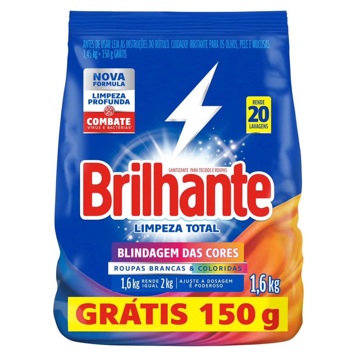 Lava-Roupas Pó Pacote Brilhante Limpeza Total Roupas Brancas e Coloridas  1,6 kg Grátis 150 g