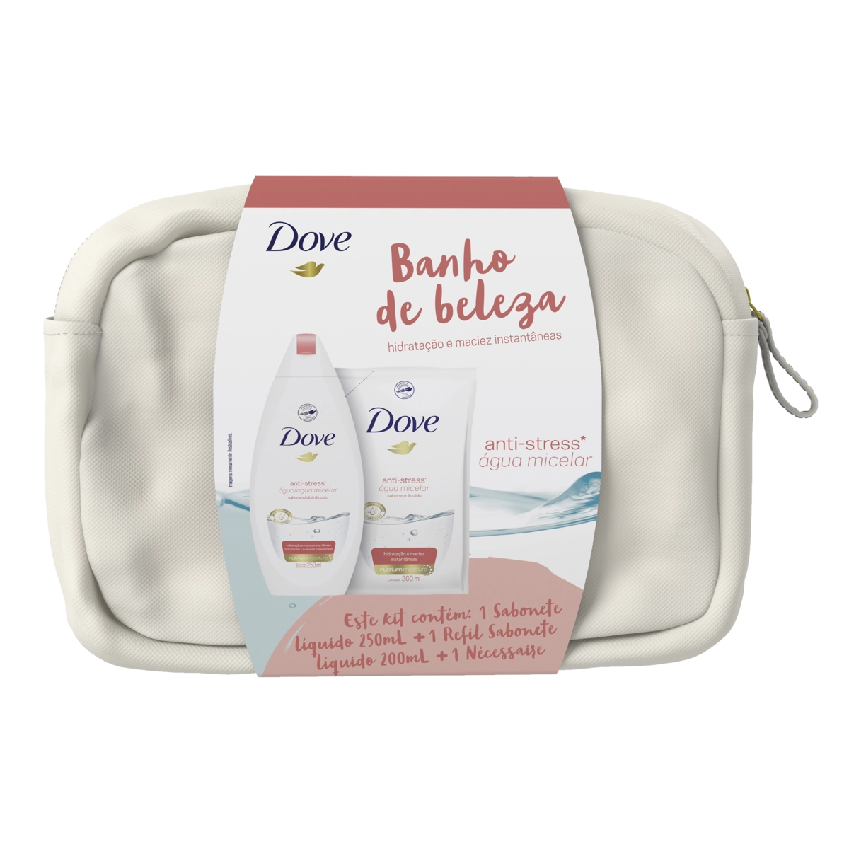 Kit Necessaire Sabonete Líquido água Micelar Anti Stress 250ml Refil 200ml Dove