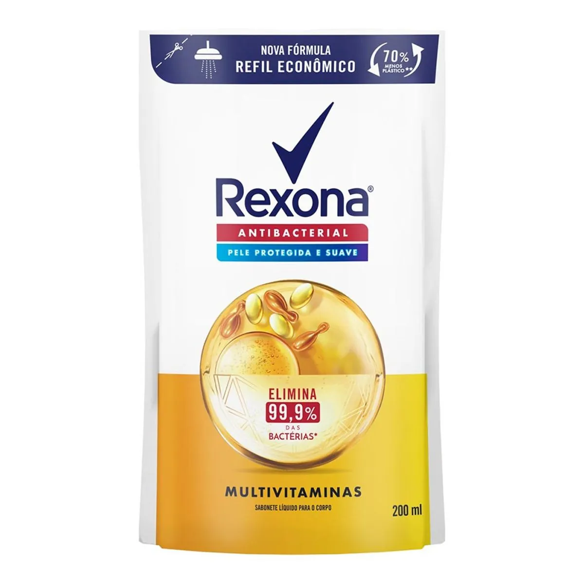 Sabonete Líquido Antibacterial Multivitaminas Rexona Sachê 200ml Refil Econômico