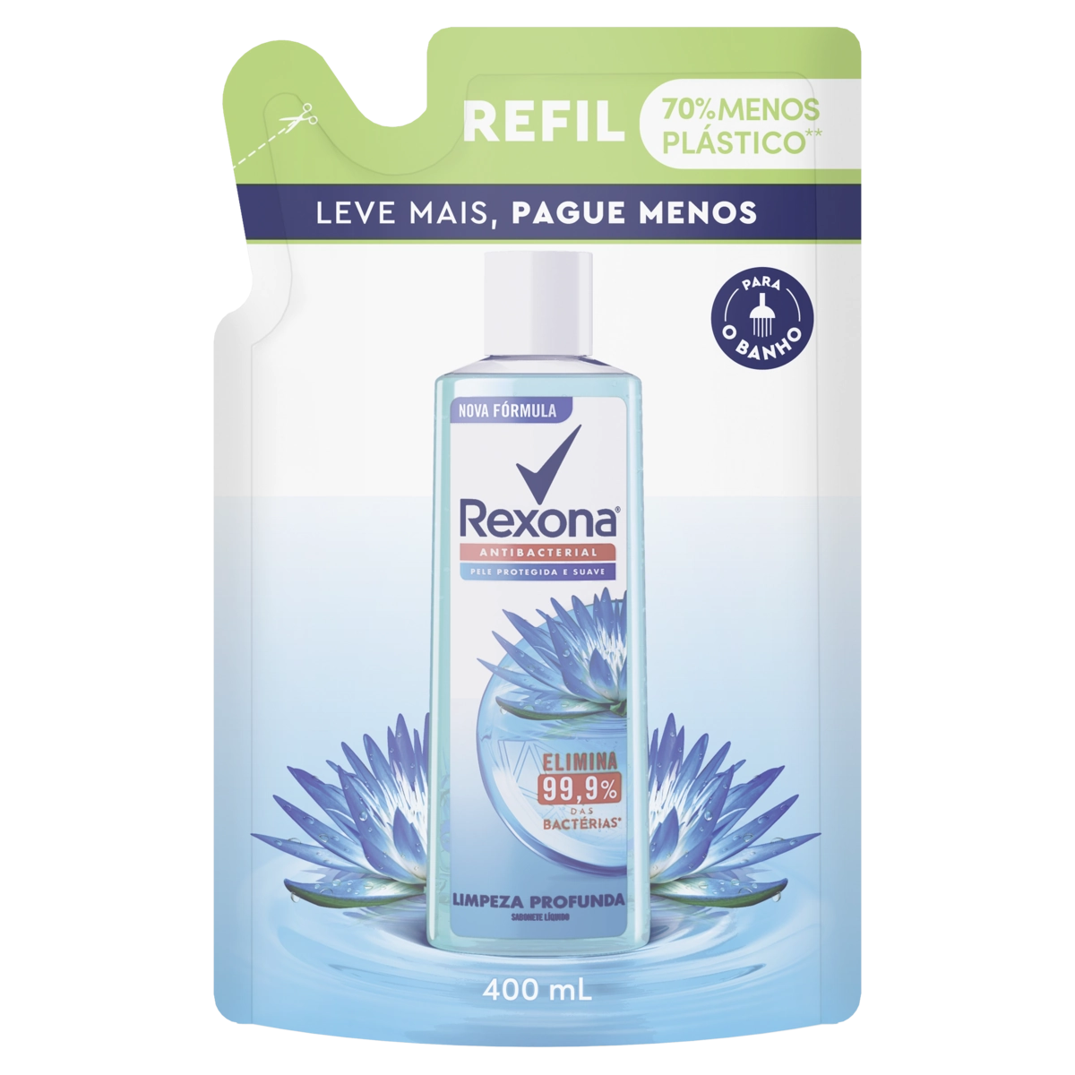 Sabonete Líquido Antibacterial Rexona Limpeza Profunda Sachê 400ml Refil Leve Mais Pague Menos