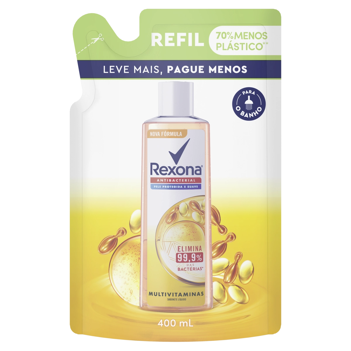 Sabonete Líquido Antibacterial Multivitaminas Rexona Sachê 400ml Refil Leve Mais Pague Menos