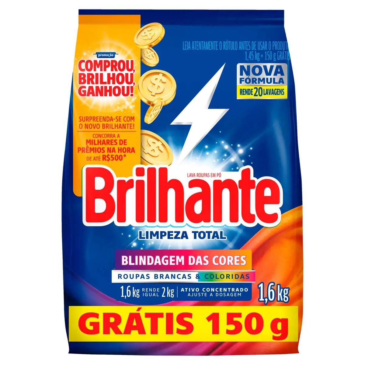 Sabão em Pó Brilhante Limpeza Total 1,6Kg Grátis 150g