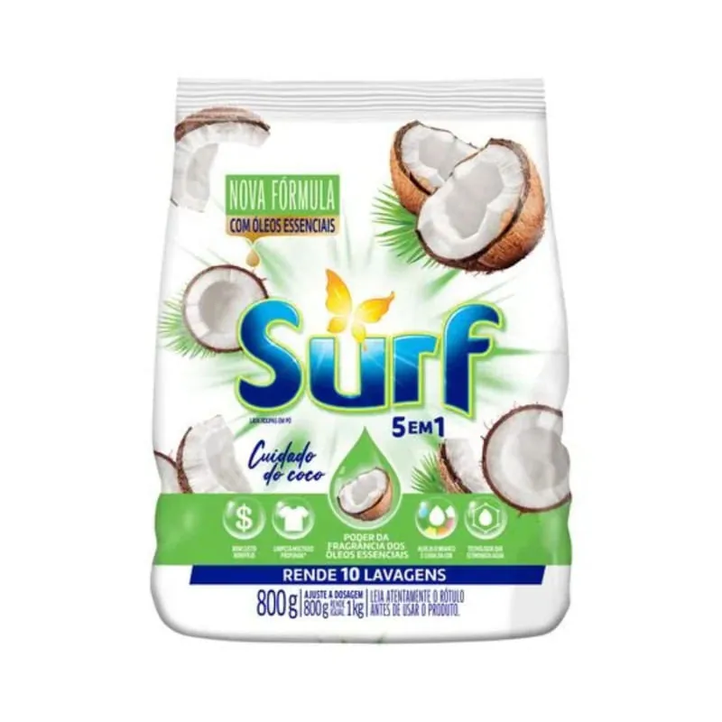 Lava Roupas em Pó Surf Cuidado 5 em 1 Coco 800g