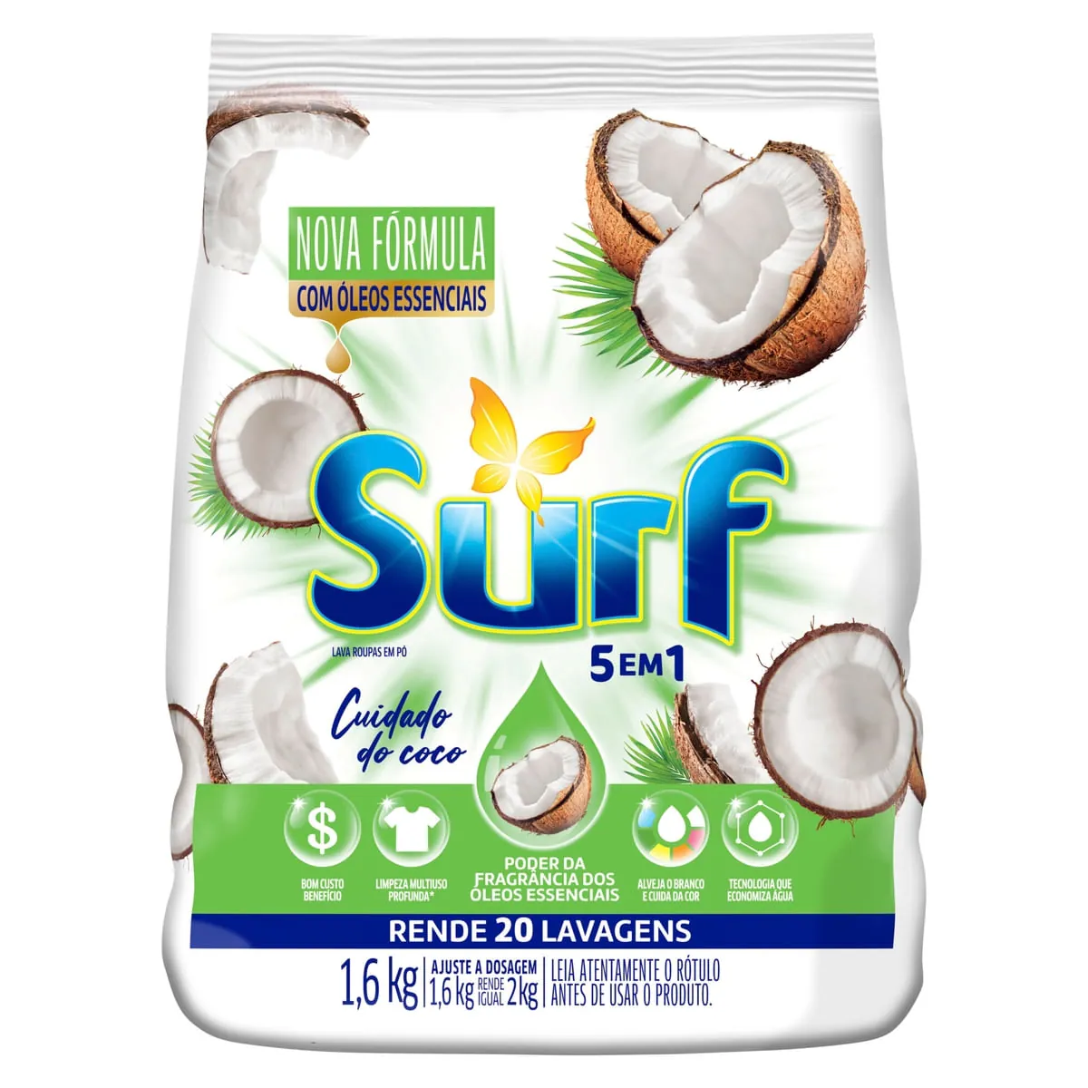 Lava Roupas Sanitizante em Pó Surf 5 em 1 Cuidado do Coco 1, 6 Kg
