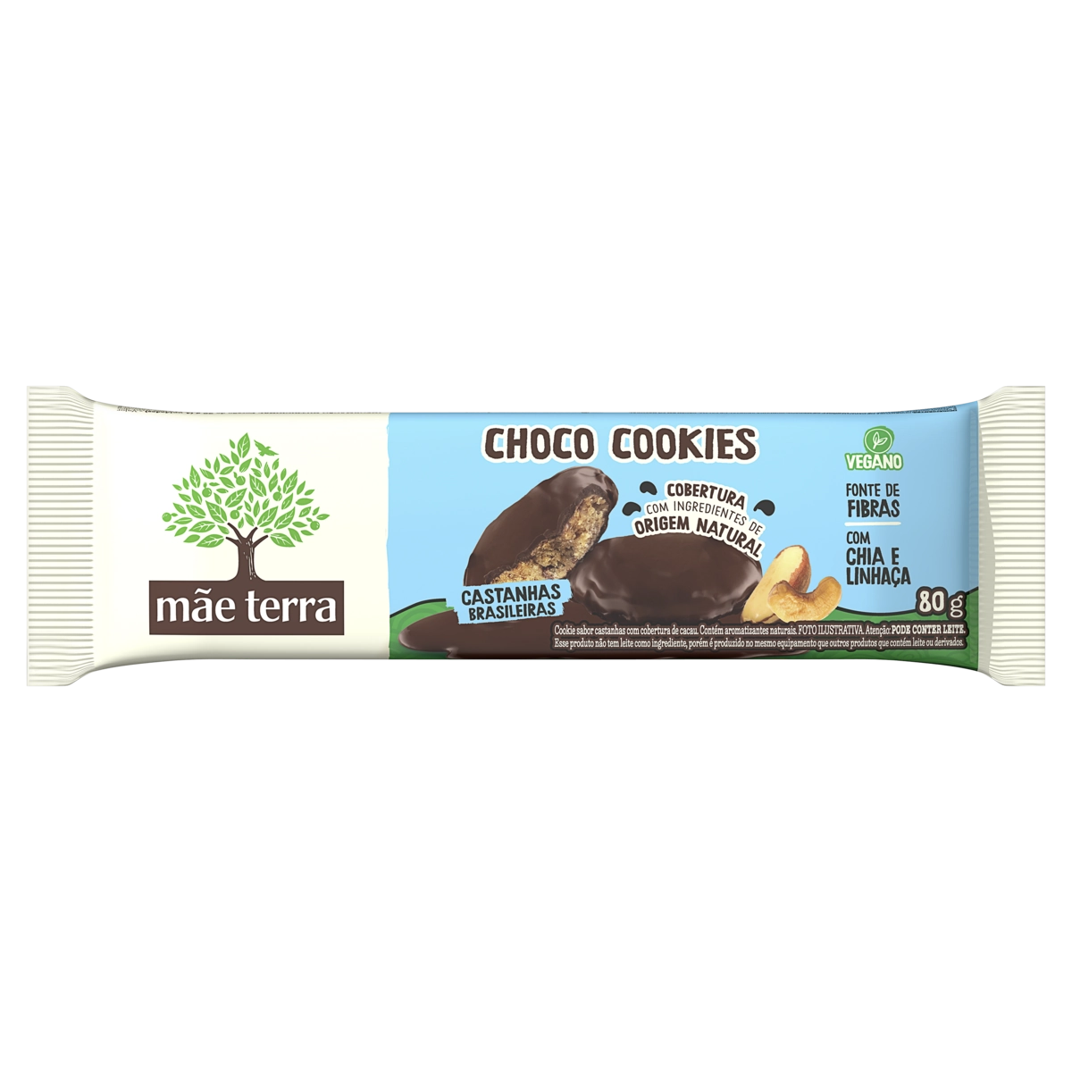 Biscoito Cookie Vegano Castanhas Cobertura Chocolate Mãe Terra Choco Pacote 80g