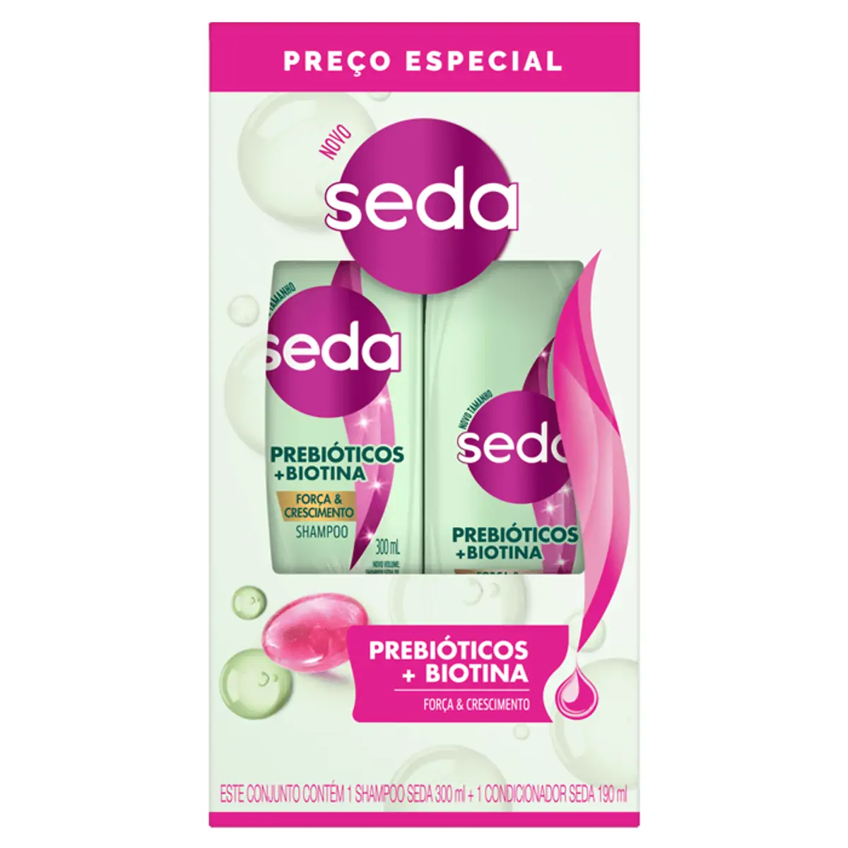 Kit Shampoo 300ml Condicionador 190ml Seda Prebióticos Biotina