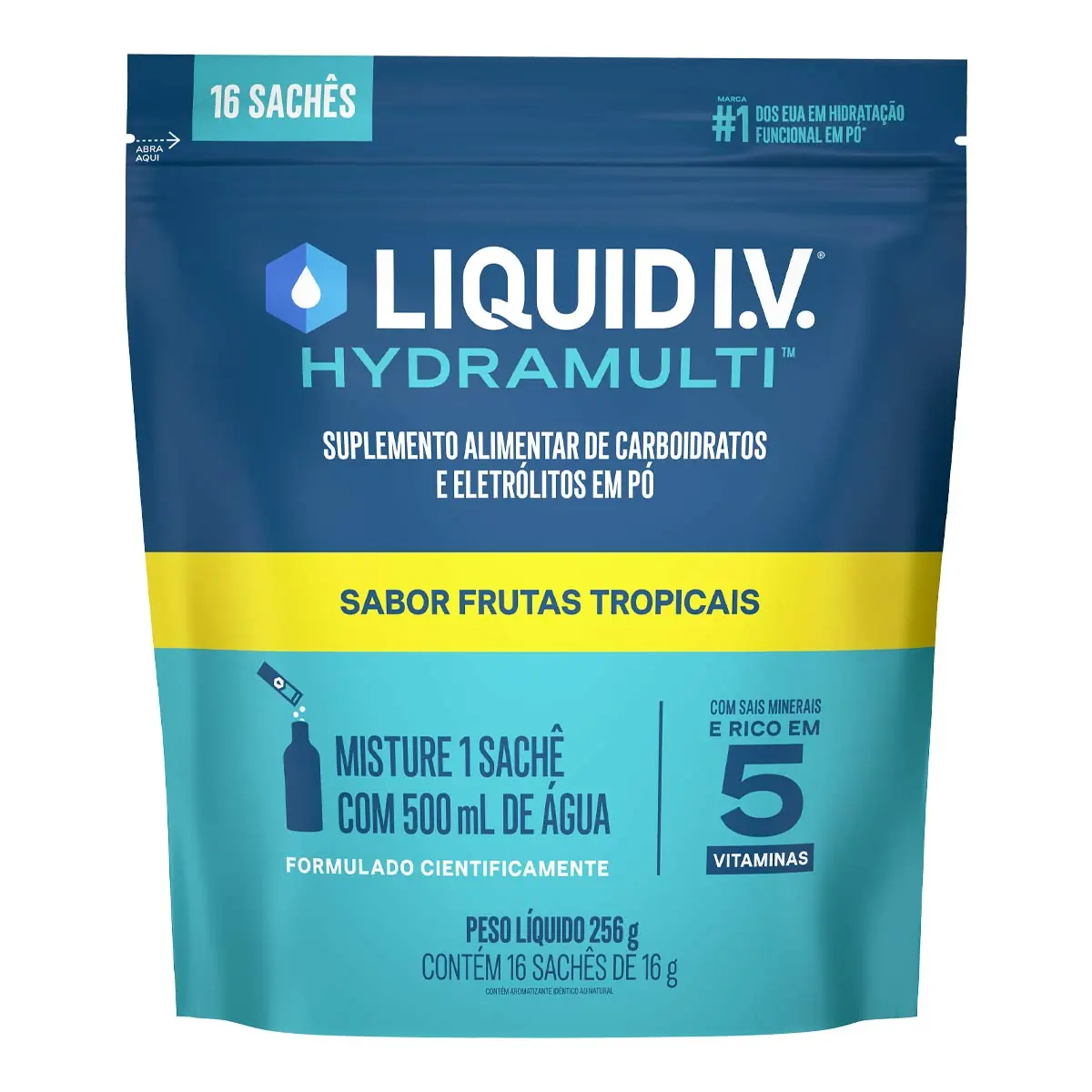 Suplemento Alimentar Pó Frutas Tropicais Liquid I.V. Hydramulti Pouch 256g 16 Unidades