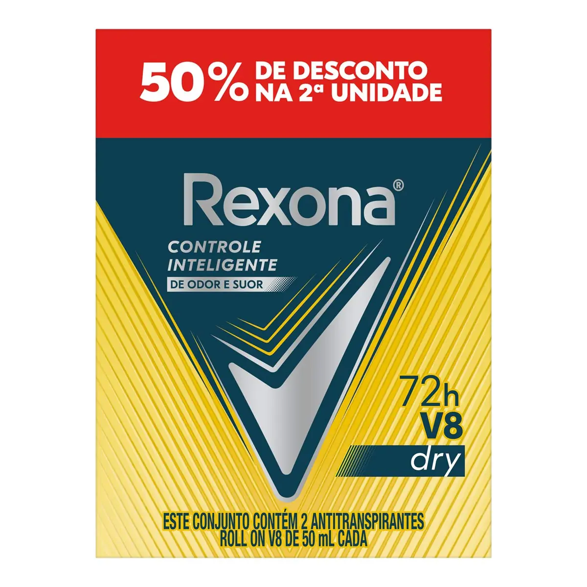 Pack Antitranspirante Roll On 72h Rexona Men V8 Dry 2 Unidades De 50ml Cada Grátis 50 De Desconto Na