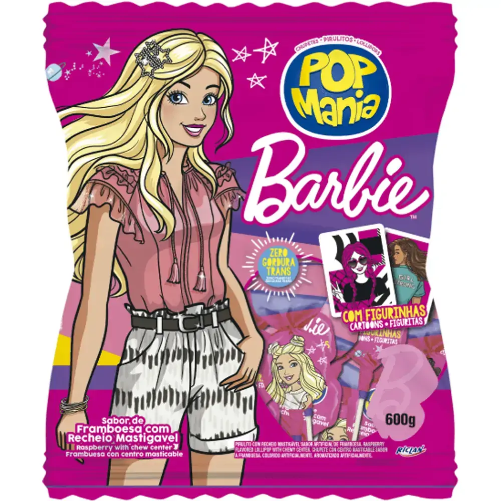 Pirulito Pop Mania Barbie Framboesa com 50 Unidades Pacote 600g