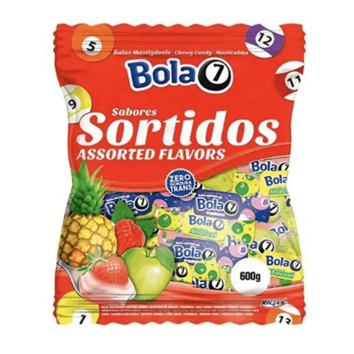 Balas Mastigáveis Sabores Sortidos Bola 7 Riclan Pacote 600g