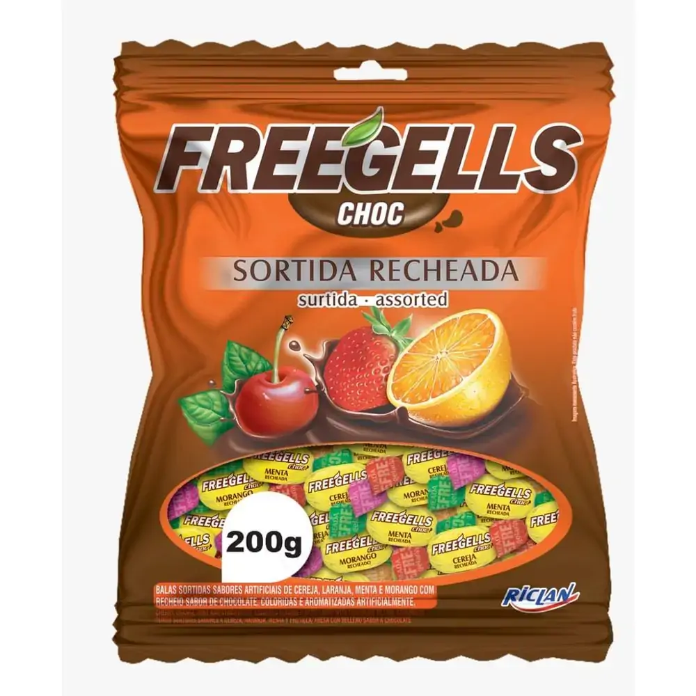 Bala sabor sortido recheada com chocolate Pacote com 200g - FreeGells