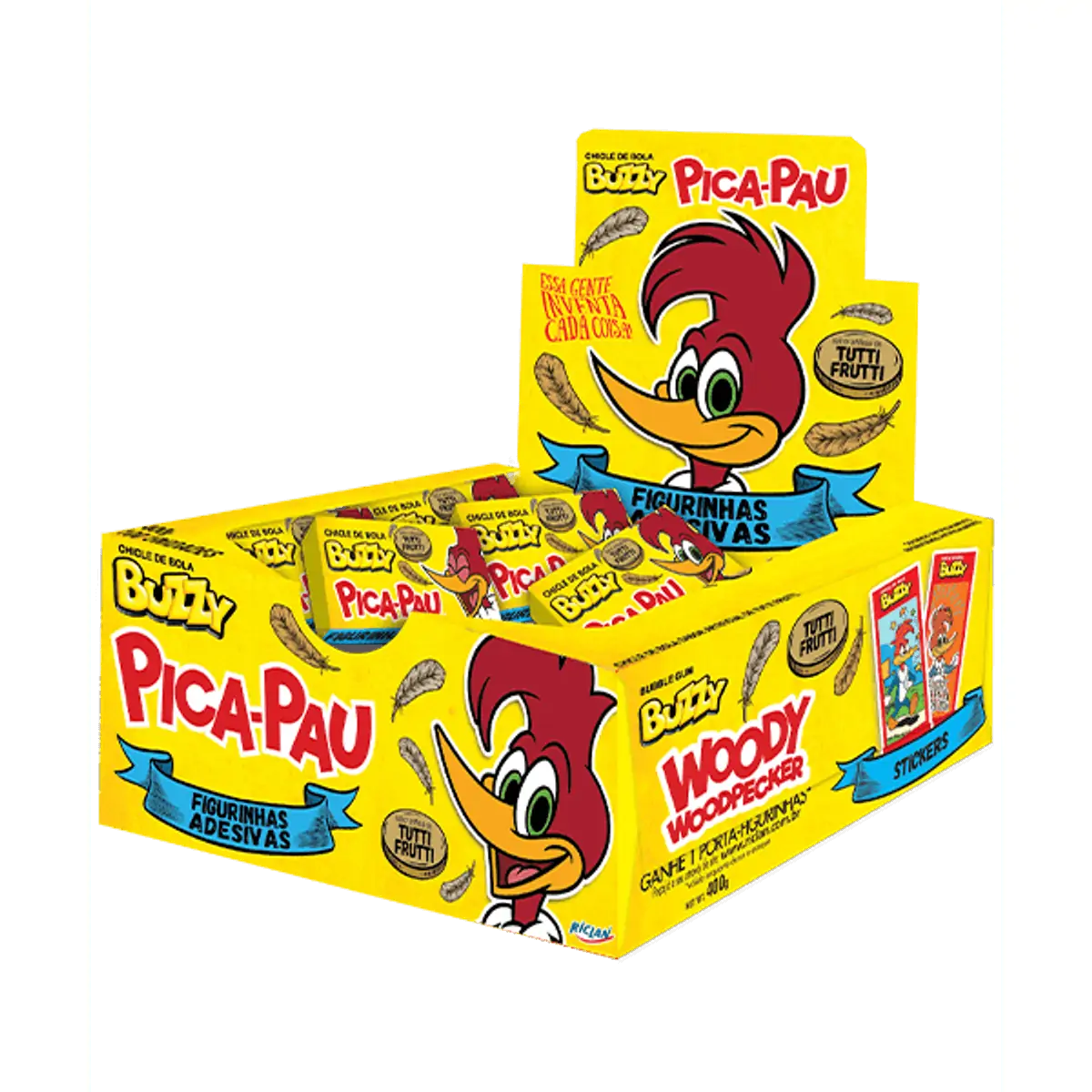 Chiclete Pica-Pau com tatuagem sabor tutti frutti caixa com 360g - Buzzy
