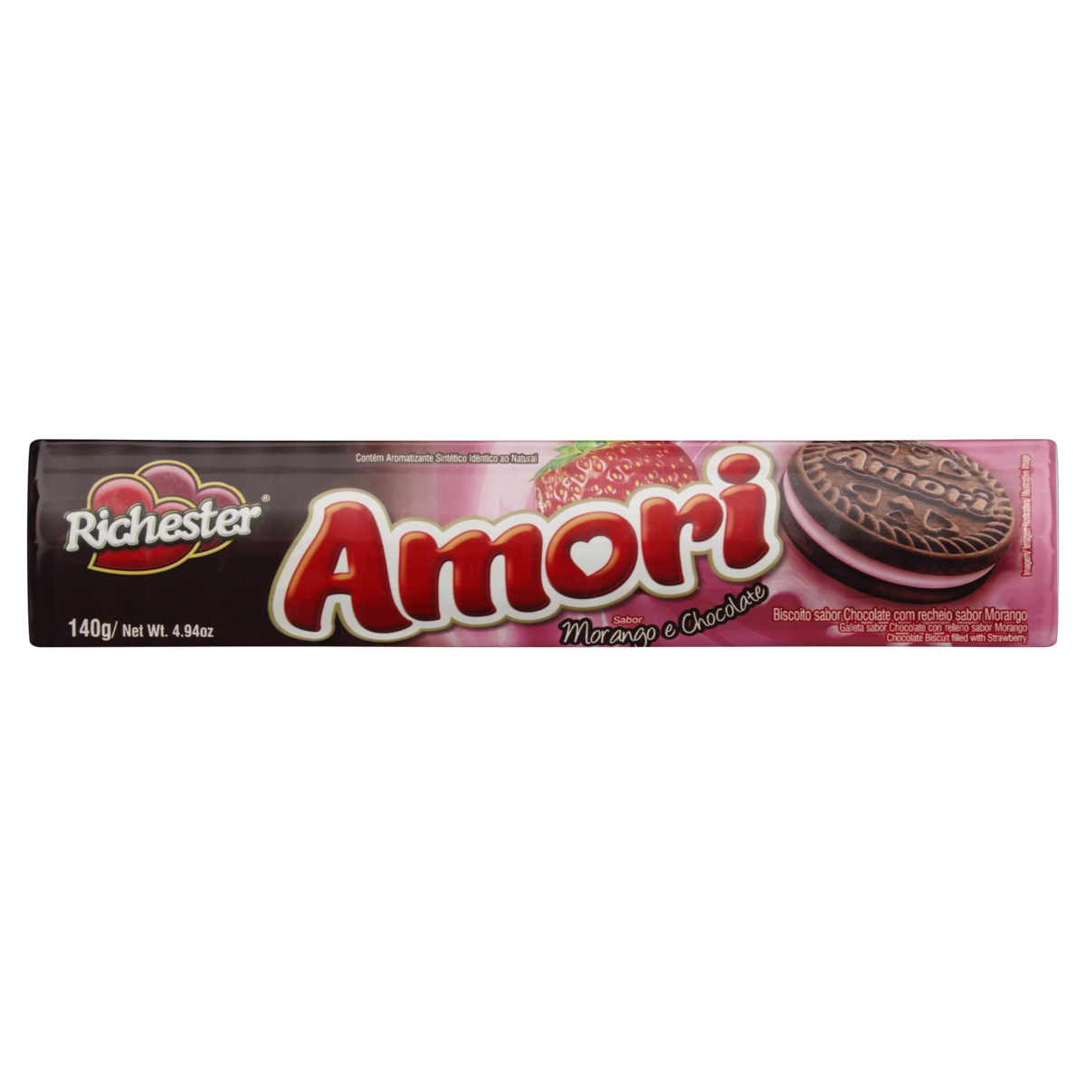 Biscoito Chocolate Recheio Morango Richester Amori Pacote 140g
