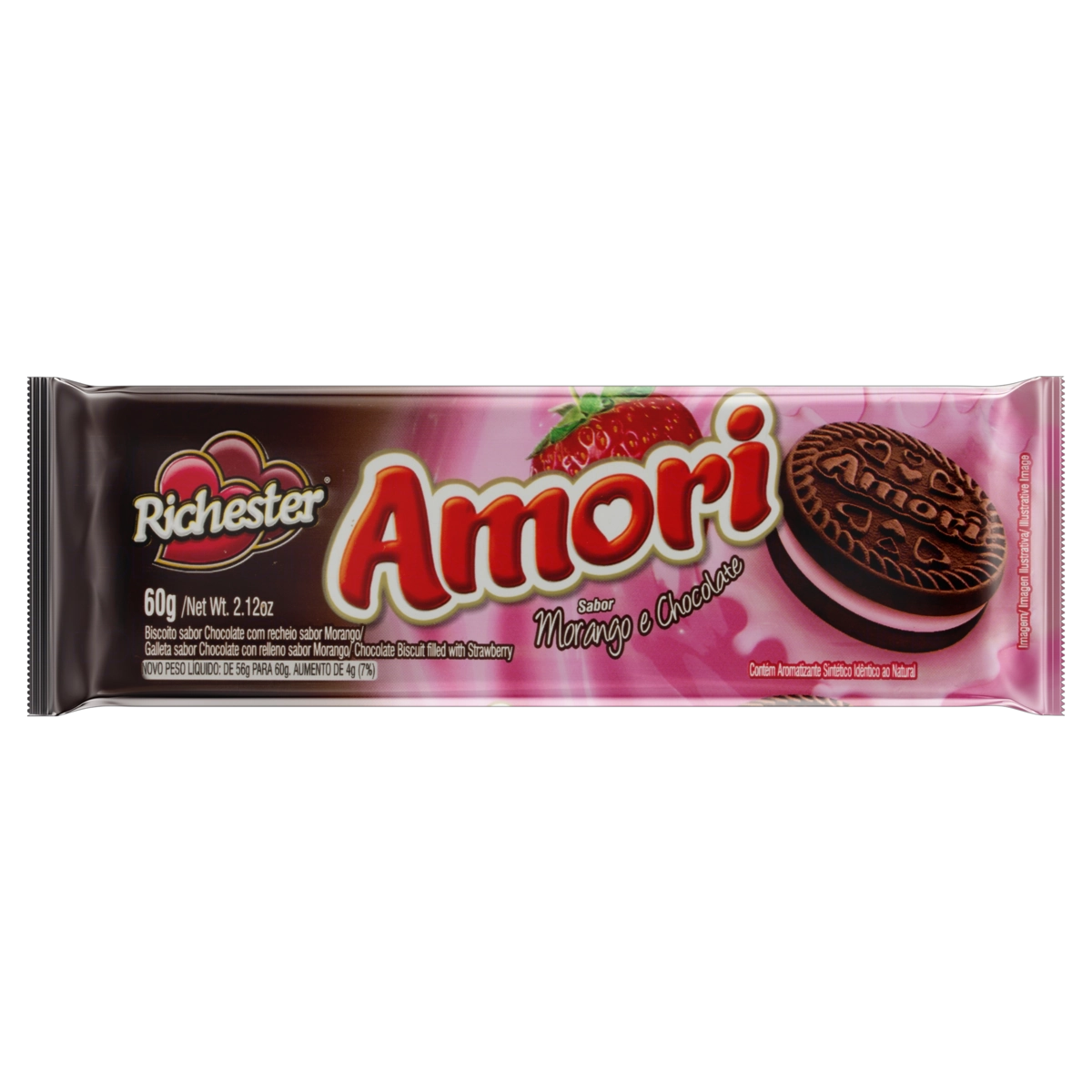 Biscoito Chocolate Recheio Morango Richester Amori Pacote 60g