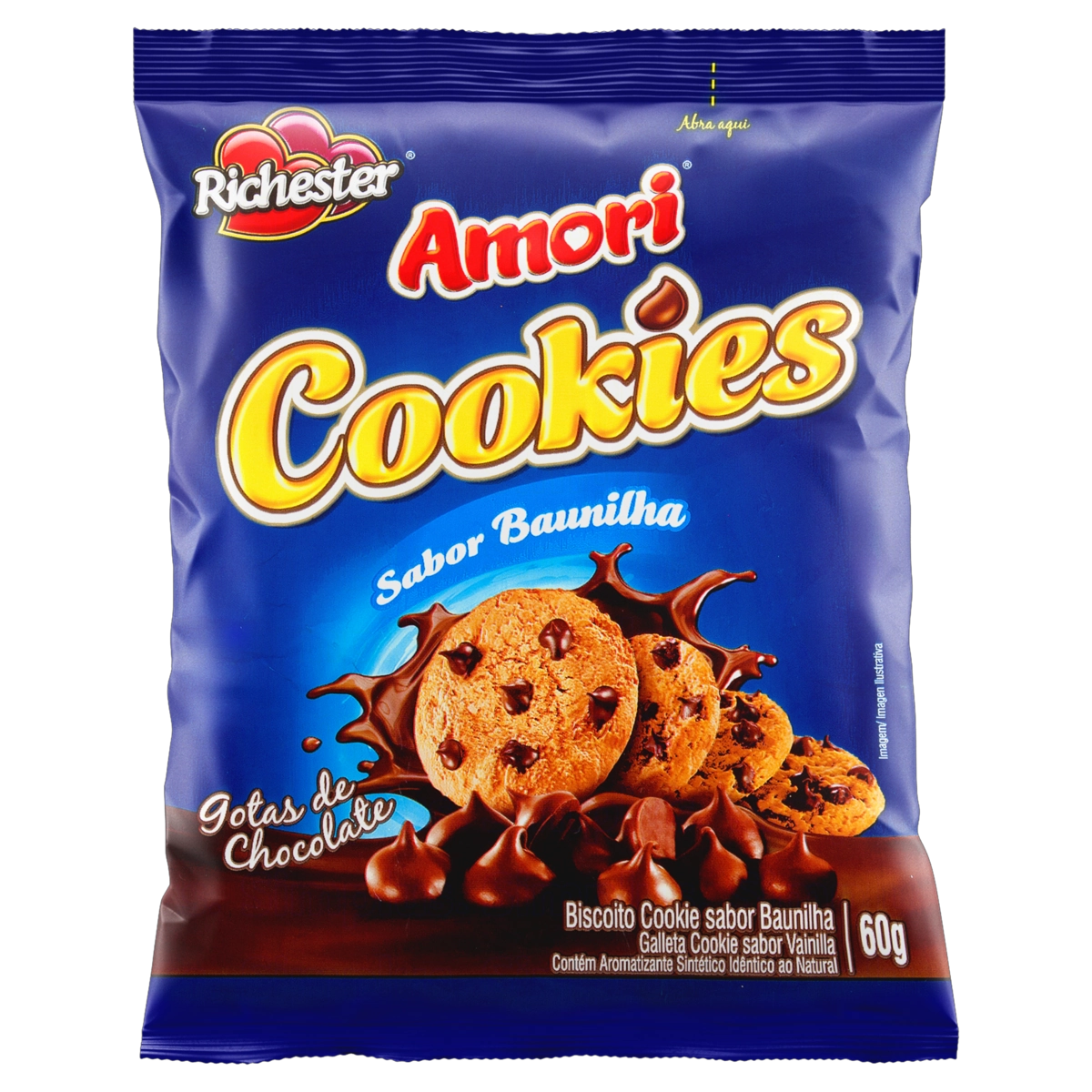 Mini Biscoito Cookie Baunilha Com Gotas De Chocolate Richester Amori Pacote 60g