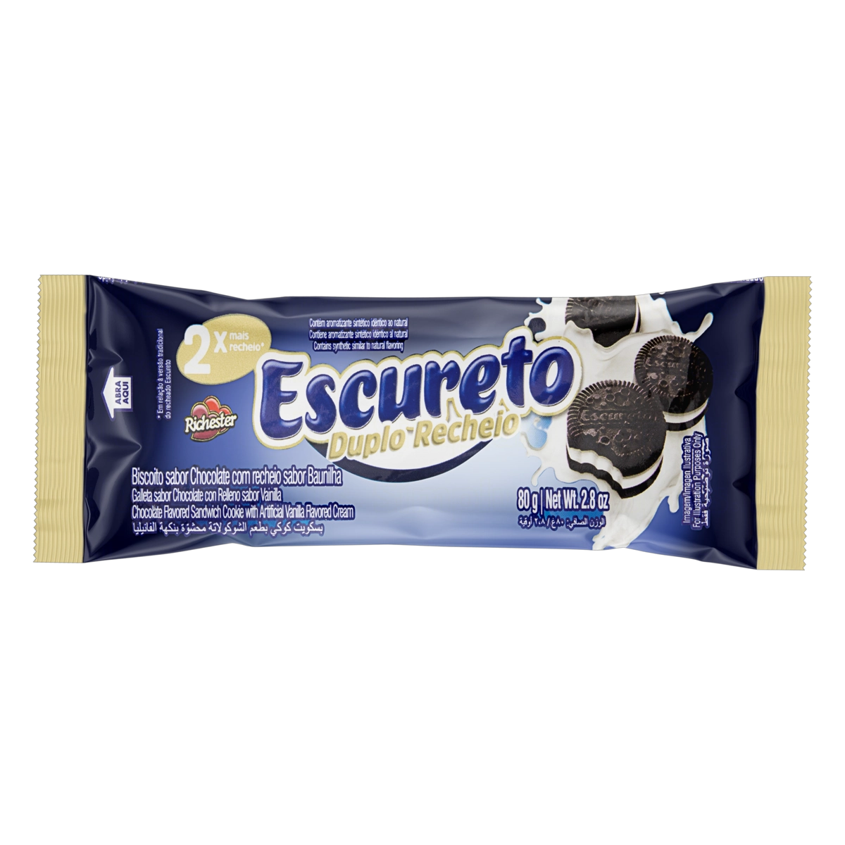 Biscoito Chocolate Recheio Duplo De Baunilha Richester Escureto Pacote 80g