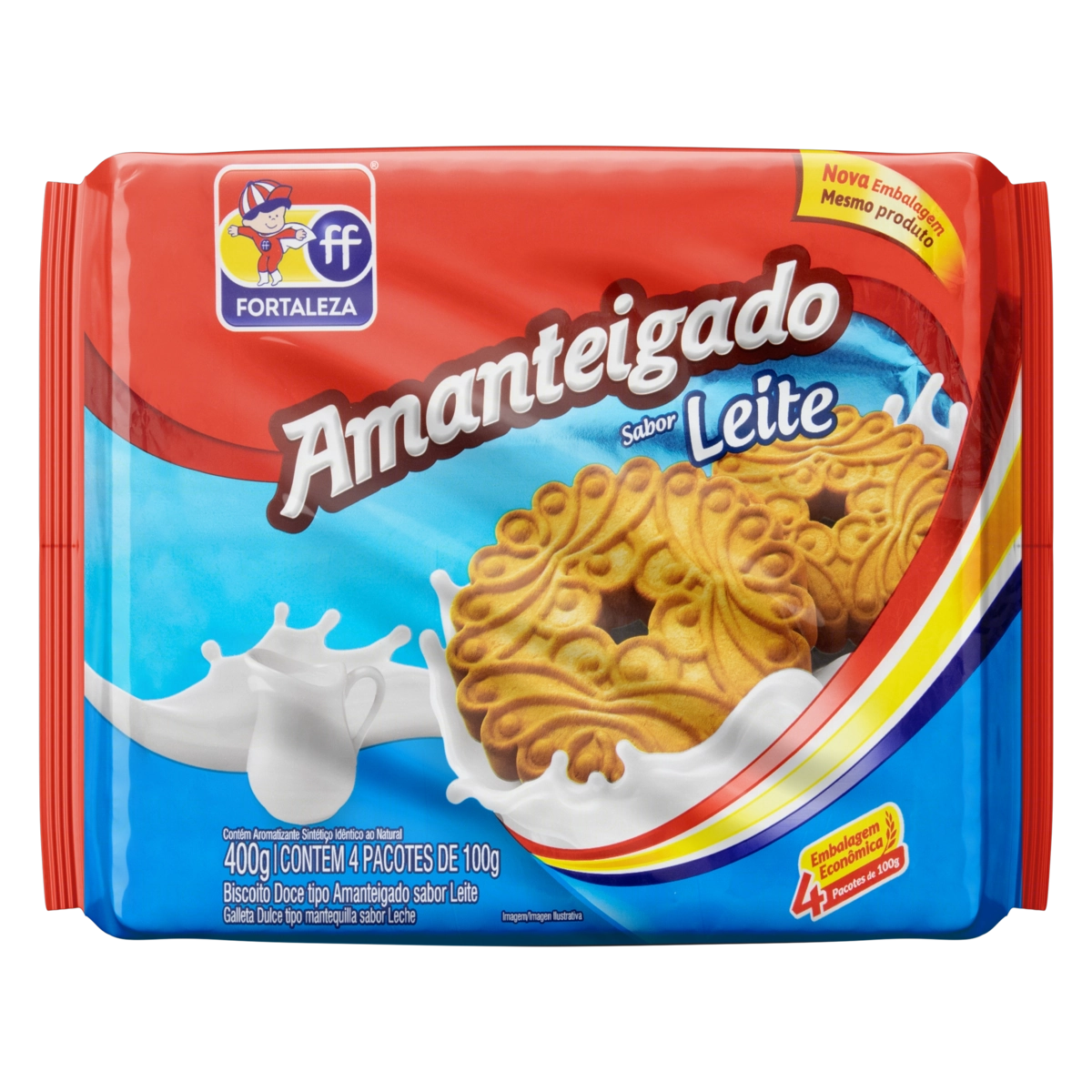 Biscoito Amanteigado Leite Fortaleza Pacote 400g Embalagem Econômica
