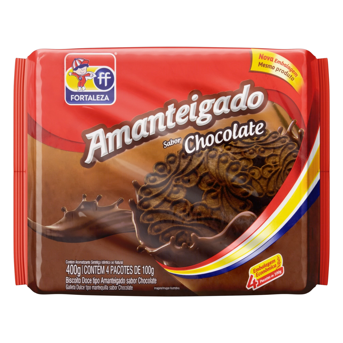 Biscoito Amanteigado Chocolate Fortaleza Pacote 400g Embalagem Econômica