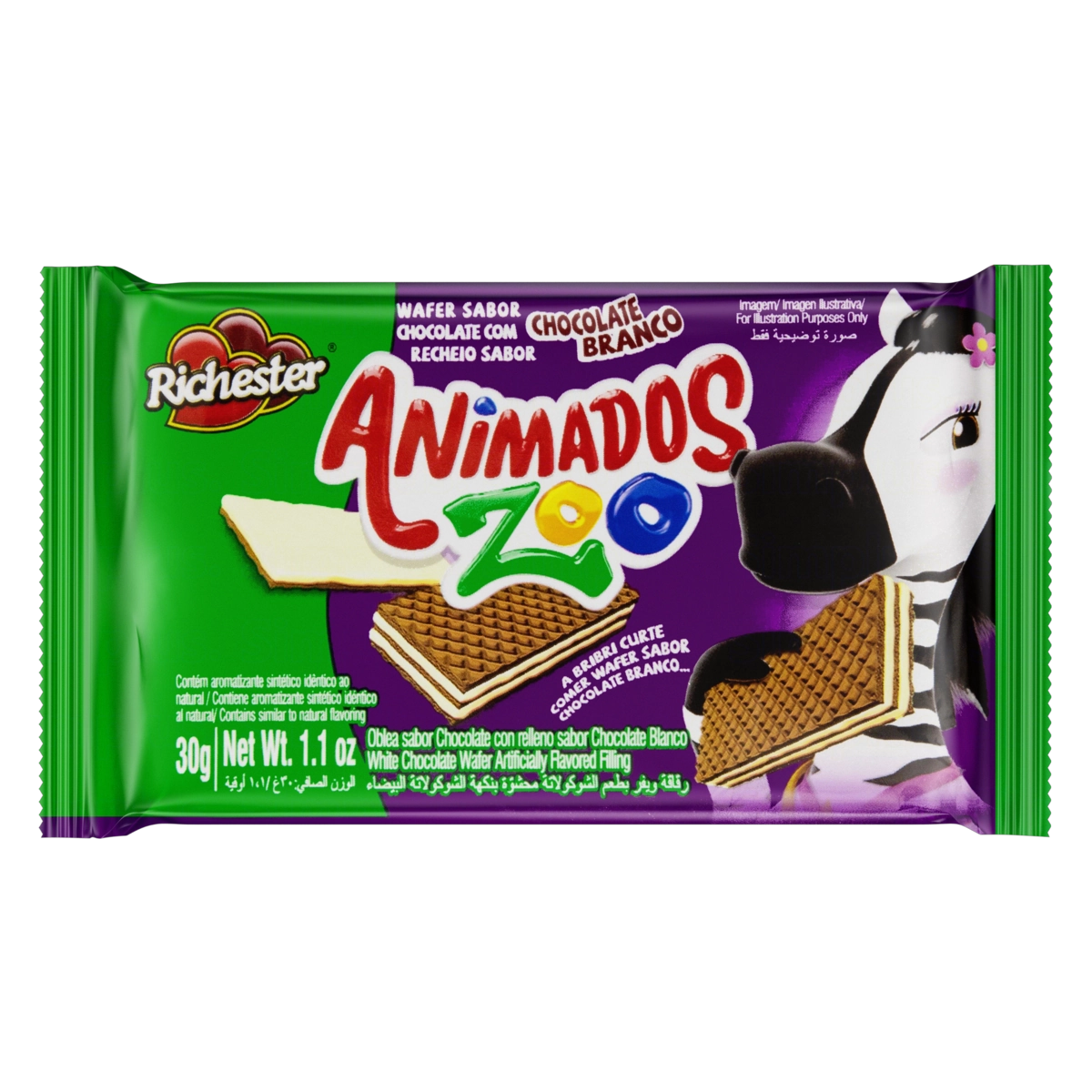 Biscoito Wafer Chocolate Recheio Chocolate Branco Richester Animados Zoo Pacote 30g