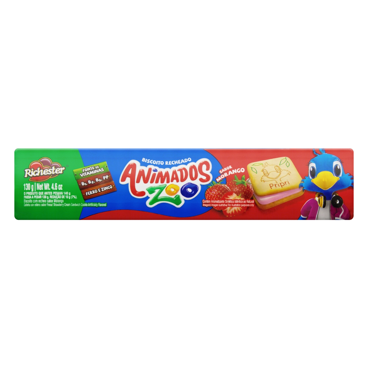 Biscoito Recheio Morango Richester Animados Zoo Pacote 130g