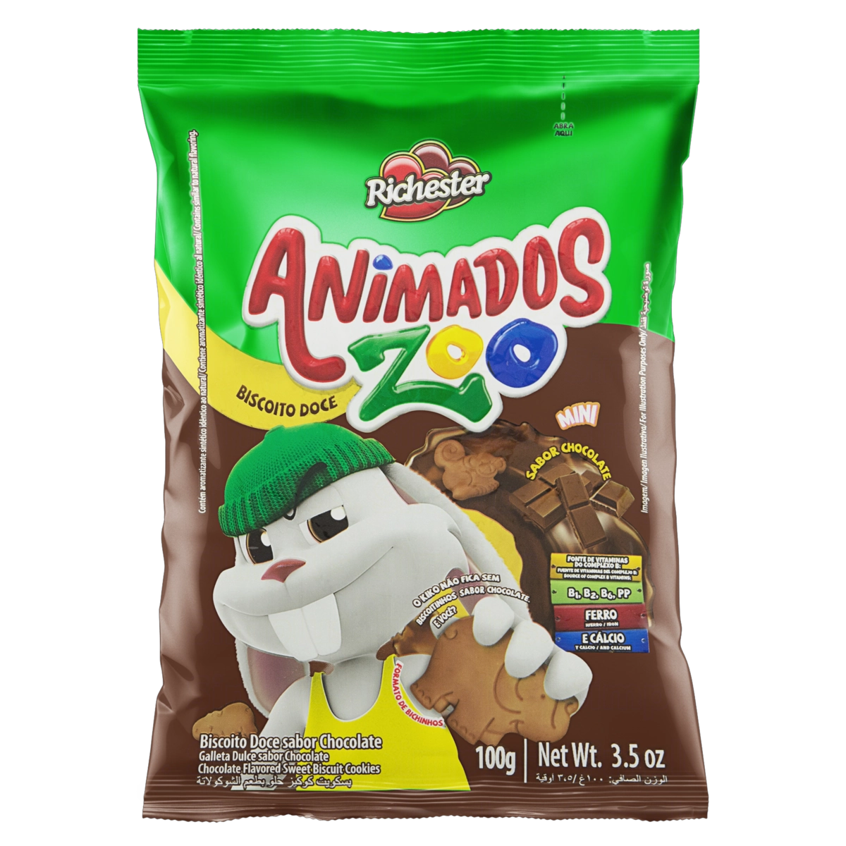 Minibiscoito Chocolate Richester Animados Zoo Pacote 100g