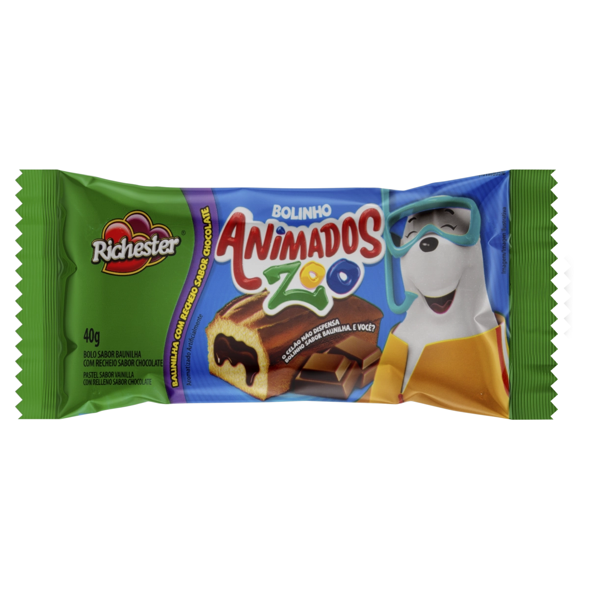 Bolinho Baunilha Recheio Chocolate Richester Animados Zoo Pacote 40g