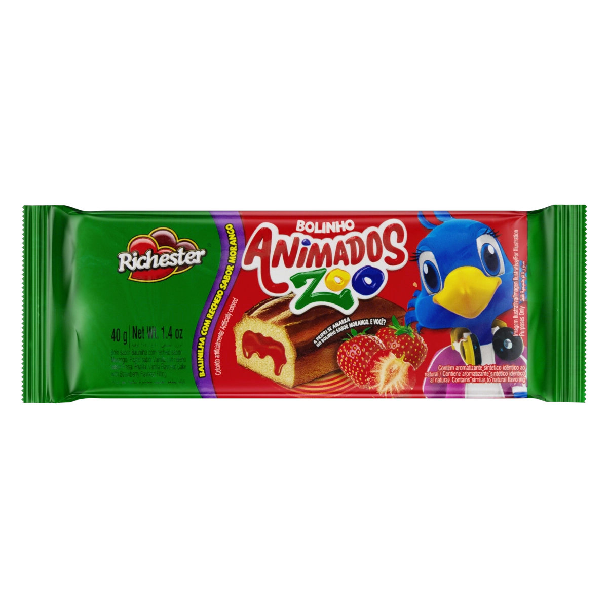 Bolinho Baunilha Recheio Morango Richester Animados Zoo Pacote 40g