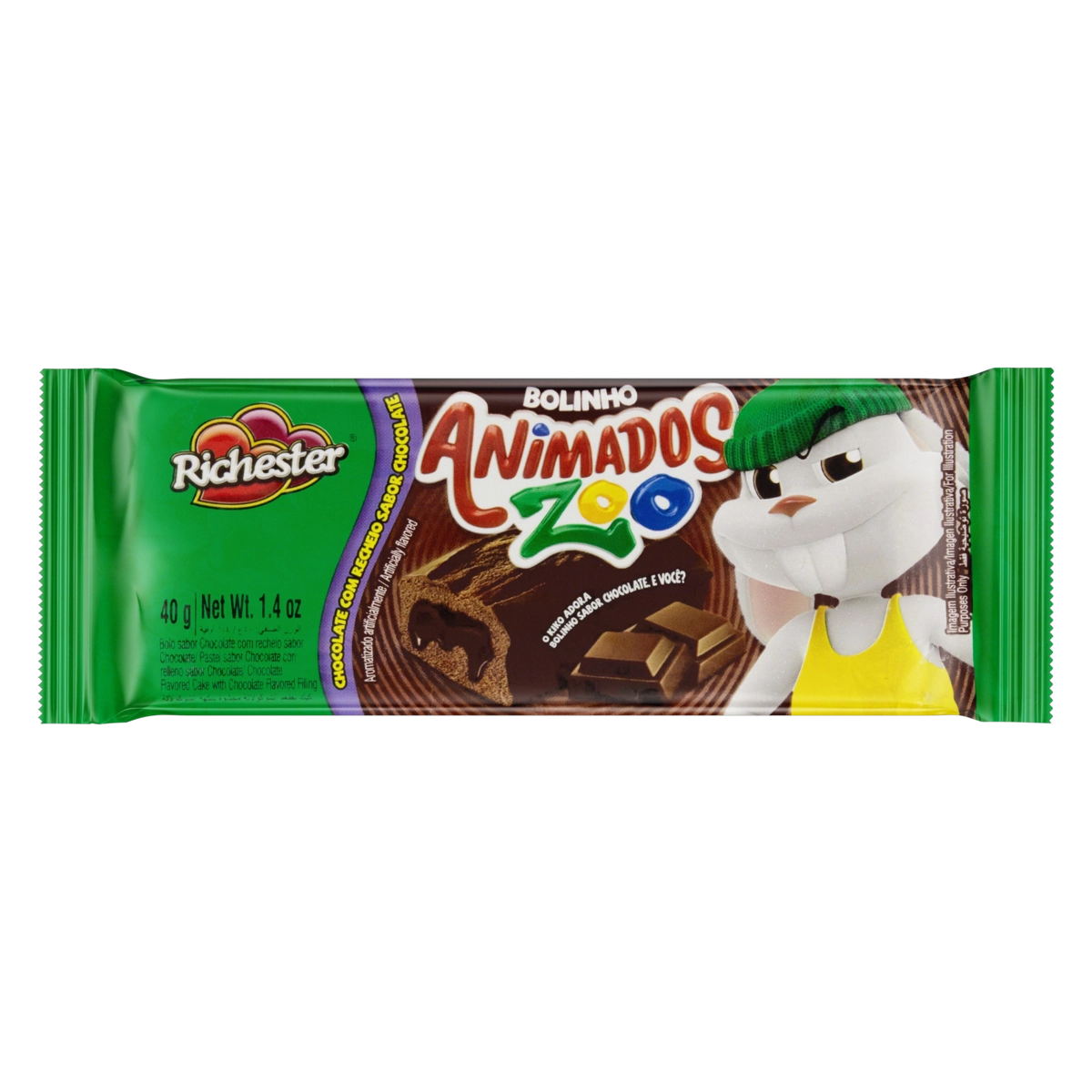 Bolinho Chocolate Recheio Chocolate Richester Animados Zoo Pacote 40g
