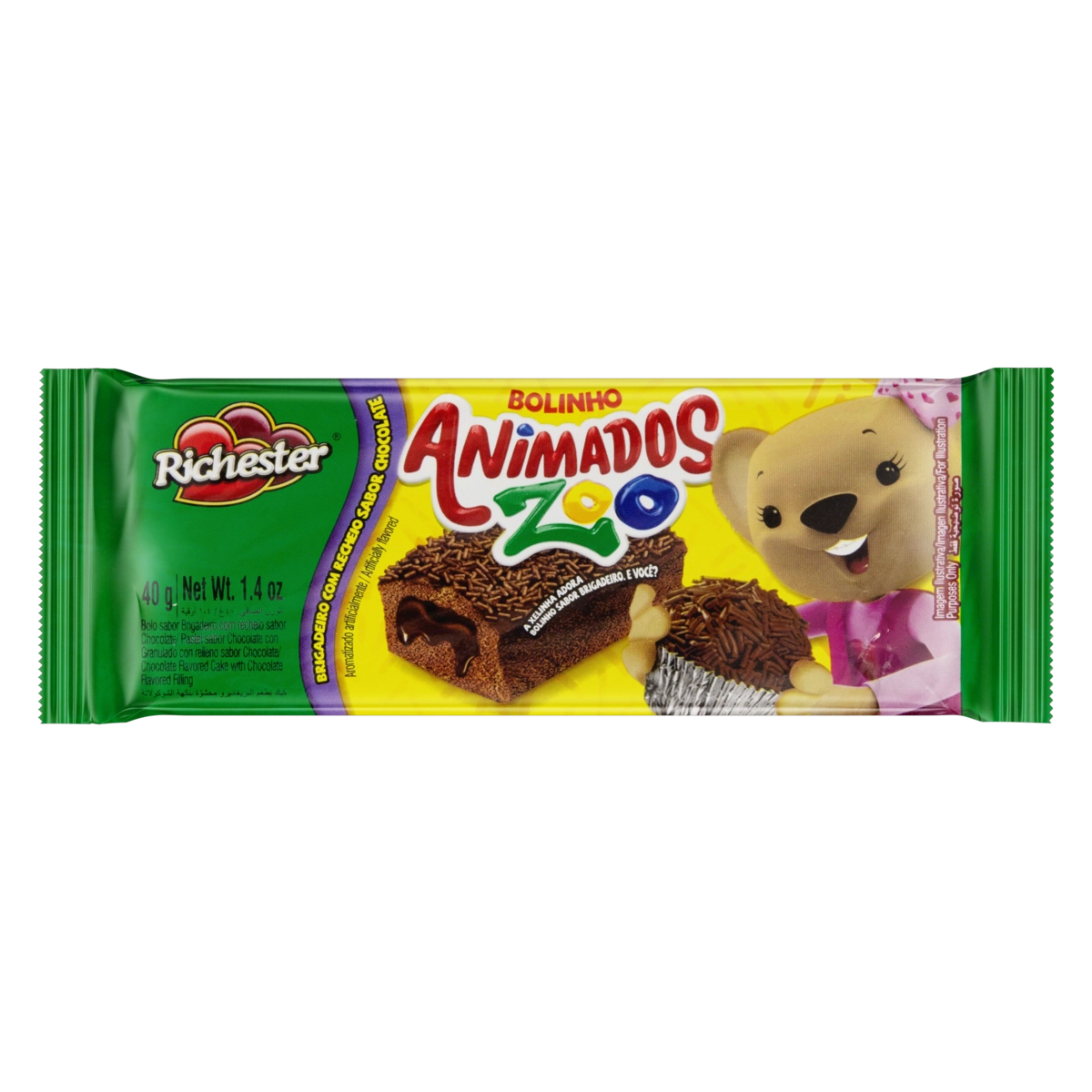 Bolinho Brigadeiro Recheio Chocolate Richester Animados Zoo Pacote 40g