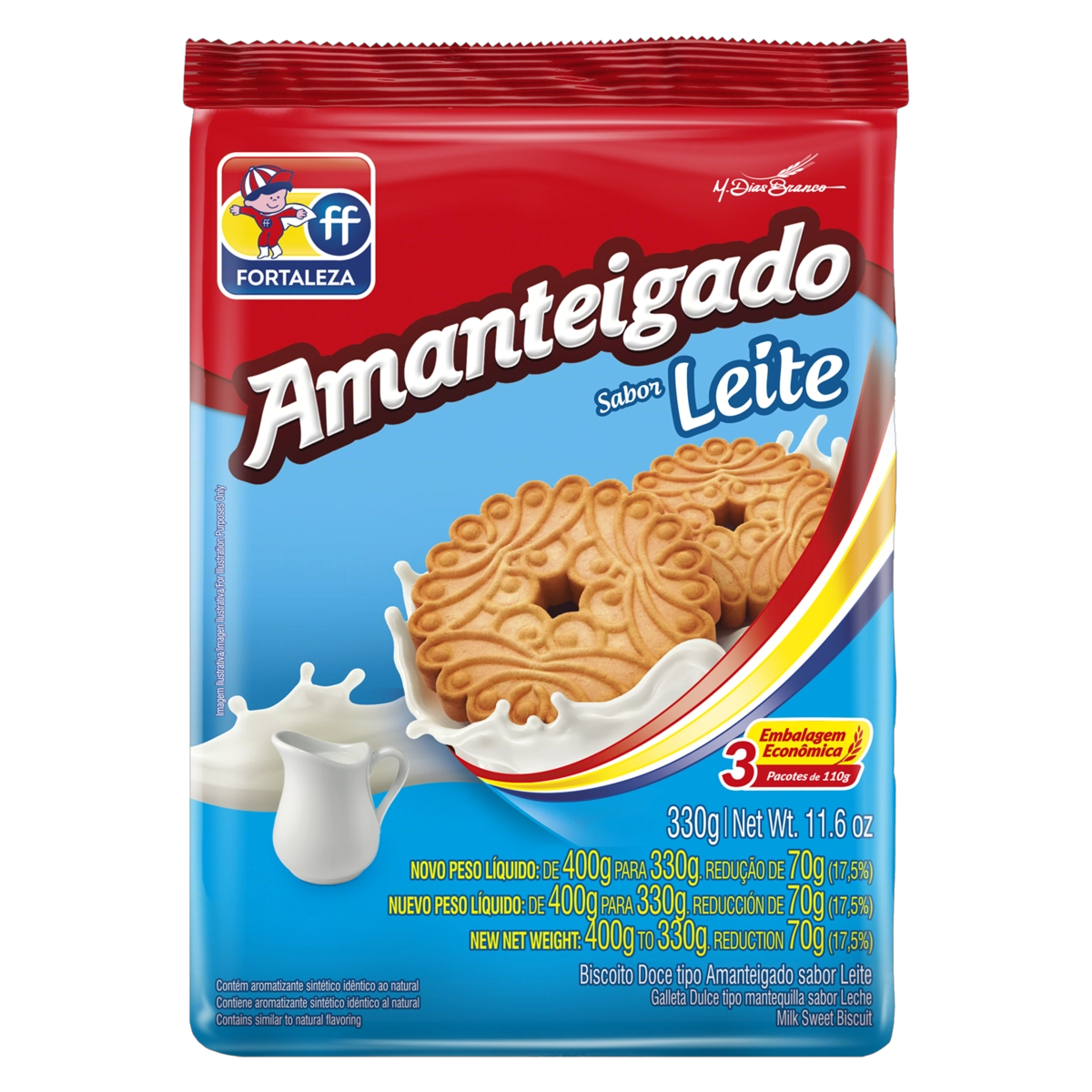 Biscoito Leite Fortaleza Pacote 330g Embalagem Econômica