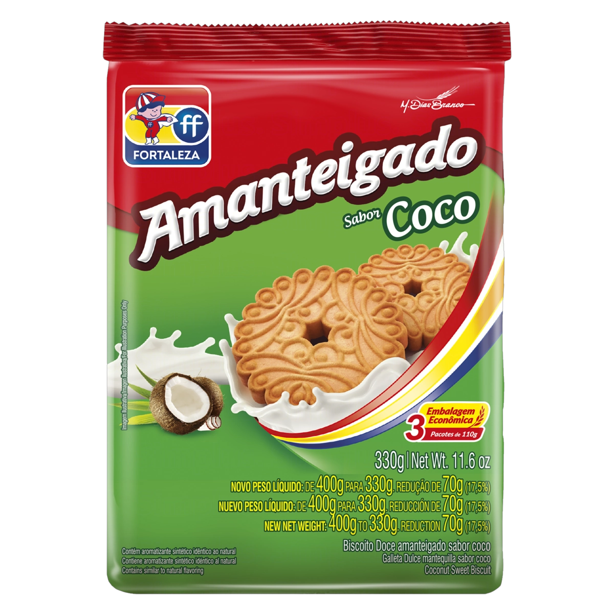 Biscoito Coco Fortaleza Pacote 330g Embalagem Econômica