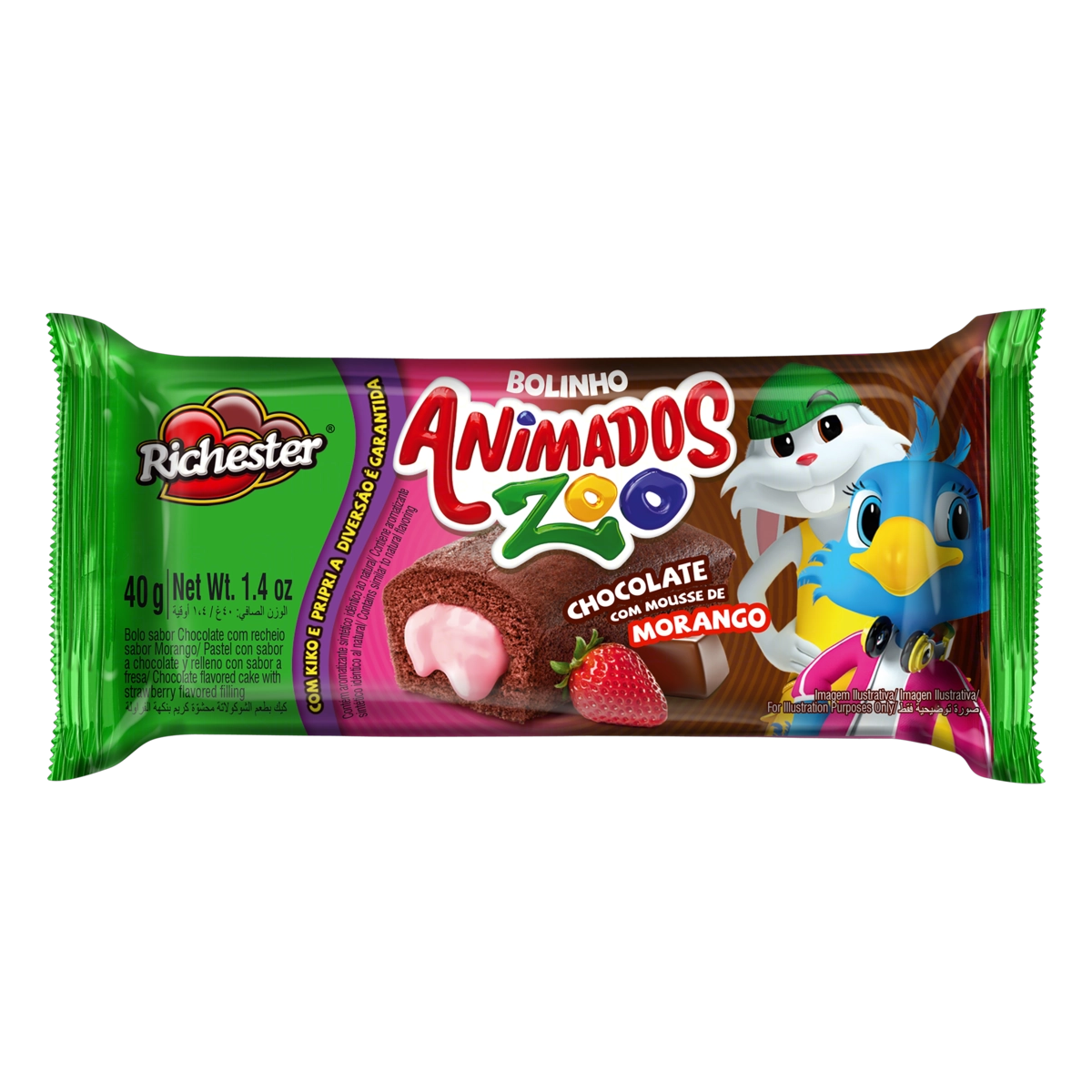 Bolinho Chocolate Recheio Mousse De Morango Richester Animados Zoo Pacote 40g