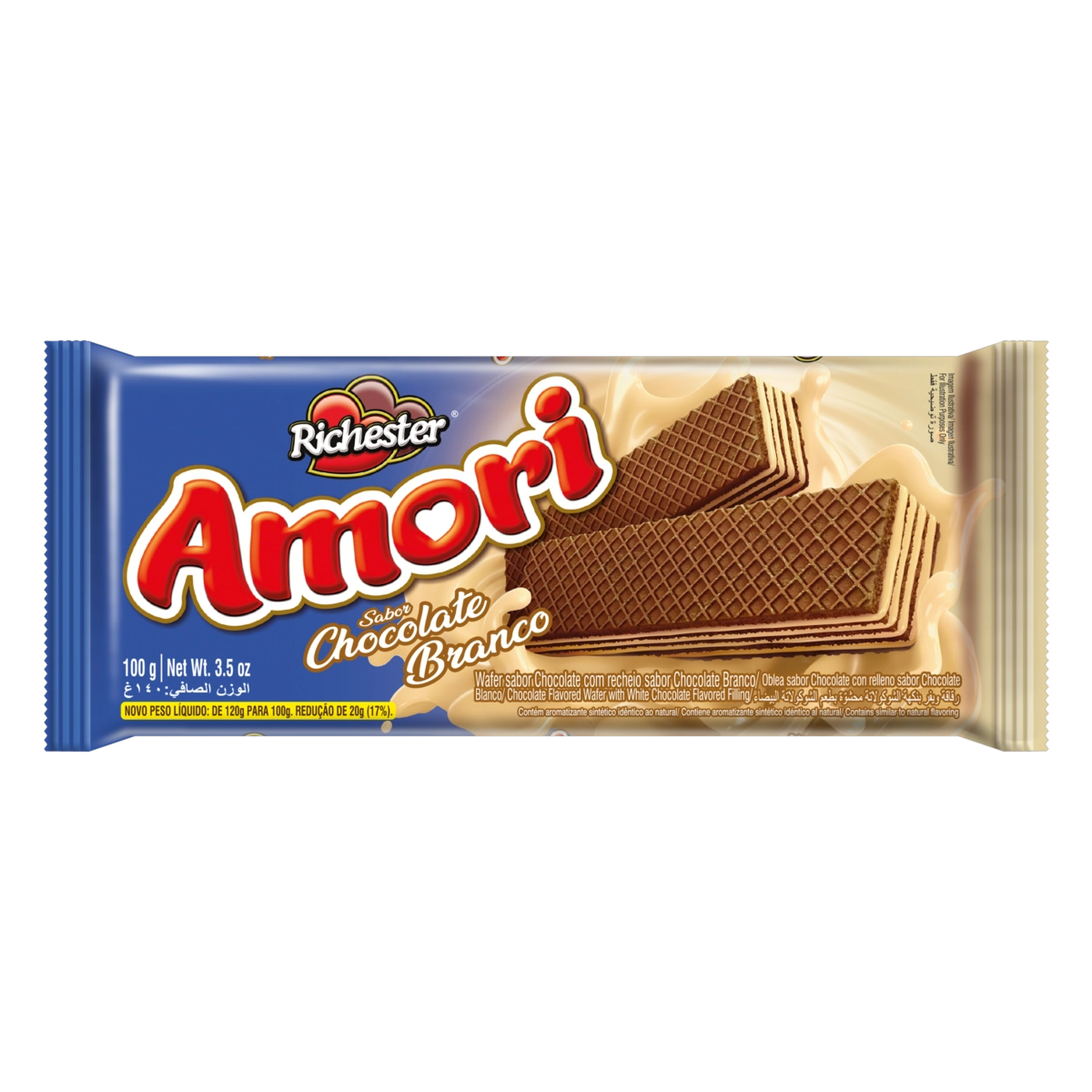 Biscoito Wafer Chocolate Recheio Chocolate Branco Richester Amori Pacote 100g