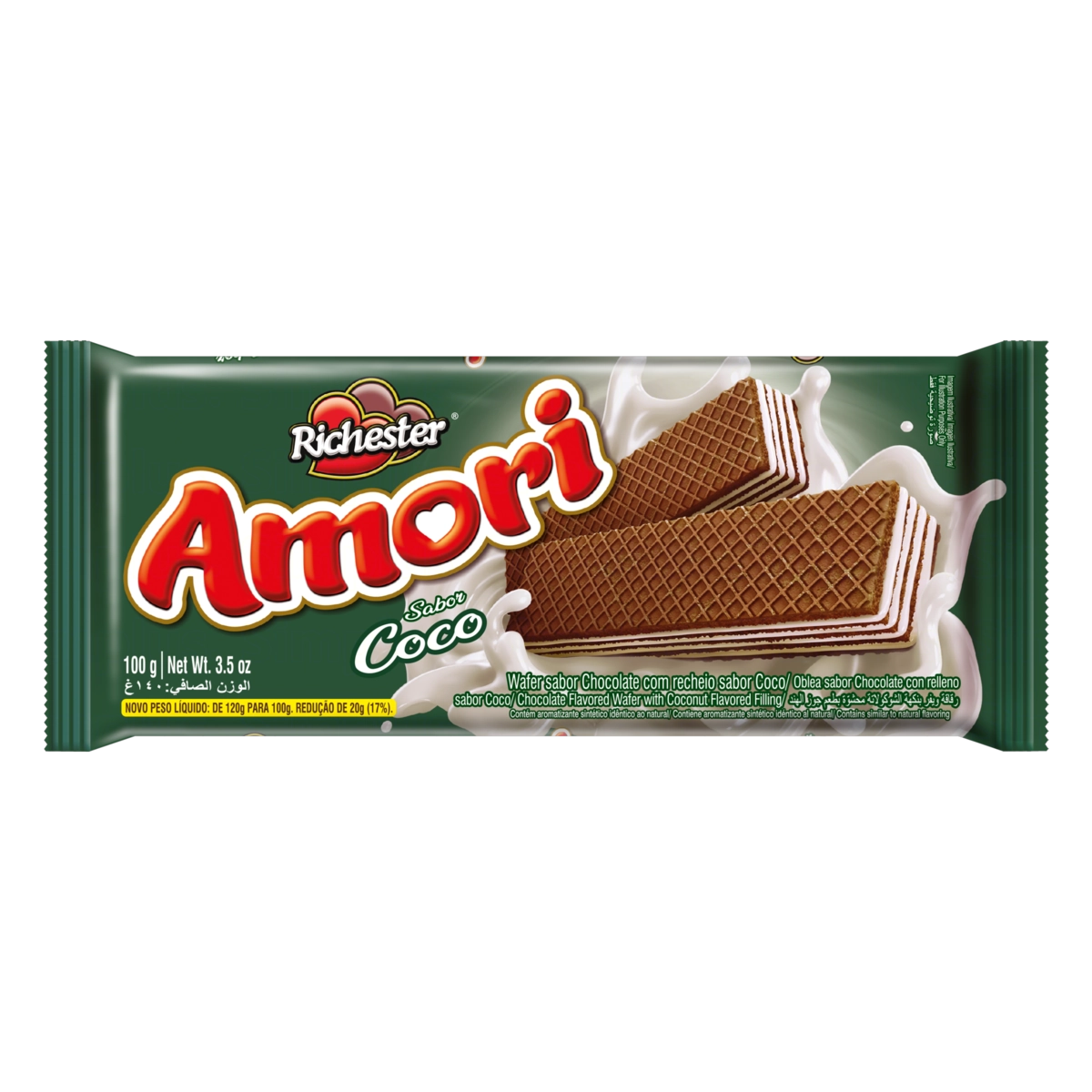 Biscoito Wafer Chocolate Recheio Coco Richester Amori Pacote 100g