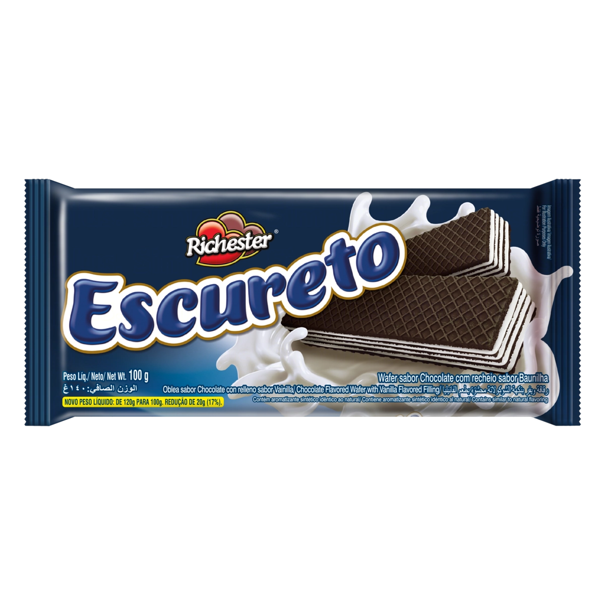 Biscoito Wafer Chocolate Recheio Baunilha Richester Escureto Pacote 100g