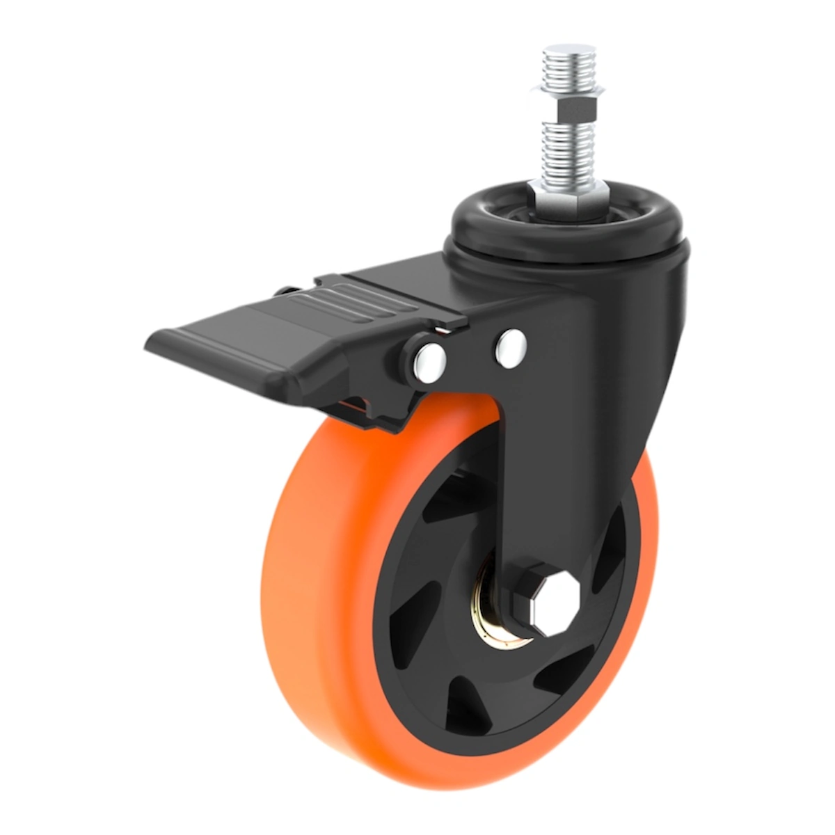 Rodízio 4” Garfo Preto Giratório Rosca 1/2 Com Freio, Roda C/ Rolamento 412 Pp Laranja
