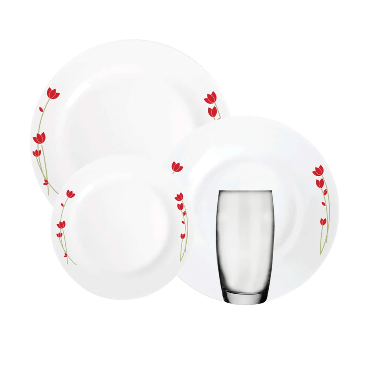 Aparelho de Jantar 16 Peças em Vidro Duralex Opaline Tulipa Floral Branco e Vermelho