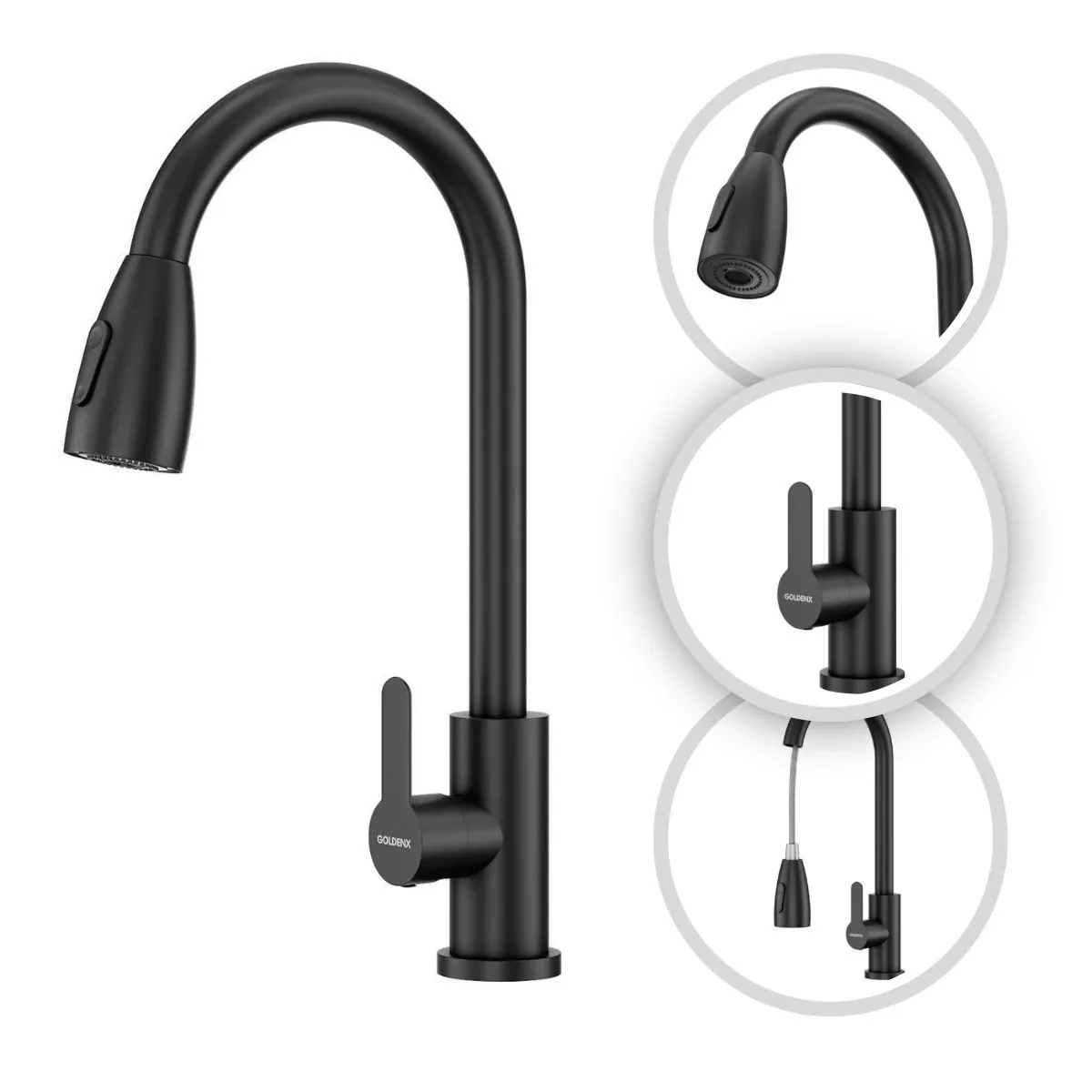 Torneira De Cozinha Roma Mangueira Flexível Aço Inox 304 Preto Goldenx