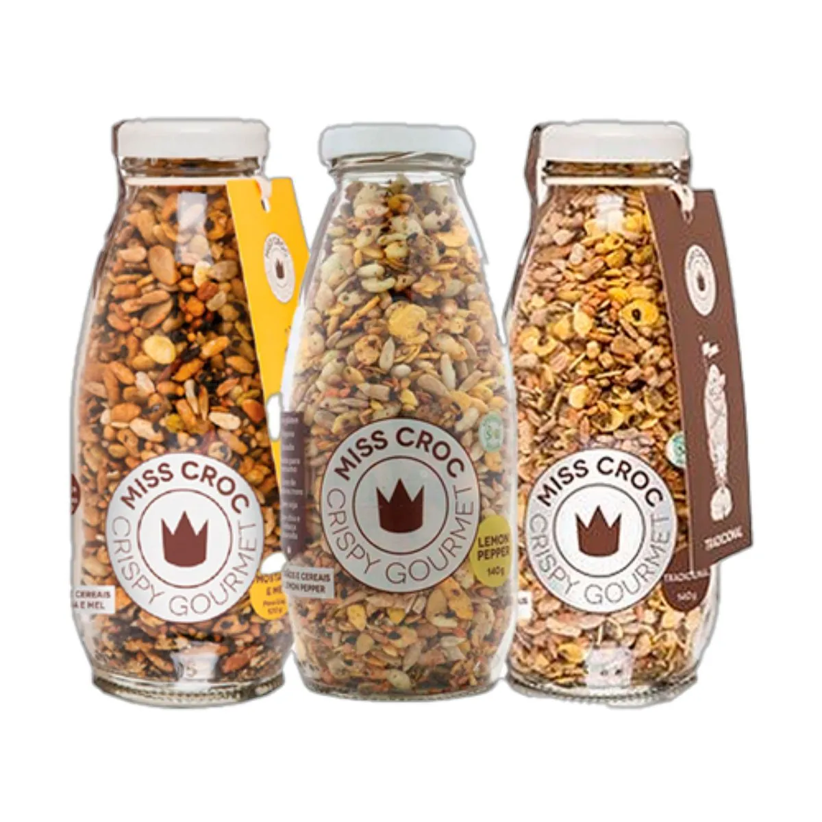 Kit 3 Granolas Crisp Garrafa Miss Croc: Lemon Pepper, Mostarda e Mel, Tradicional
