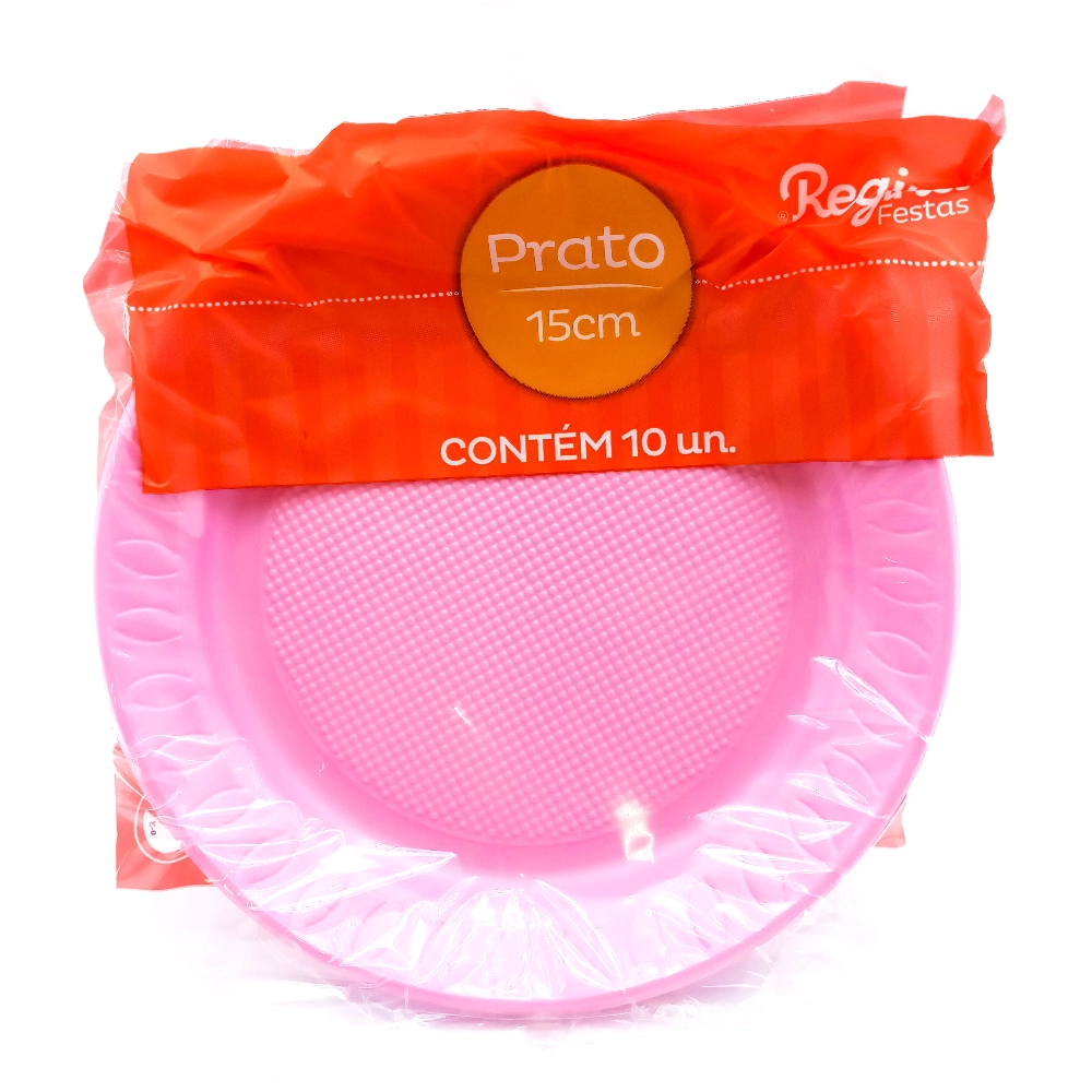 Prato Plástico Descartável Raso Rosa Regina 15cm Pacote 10 Unidades