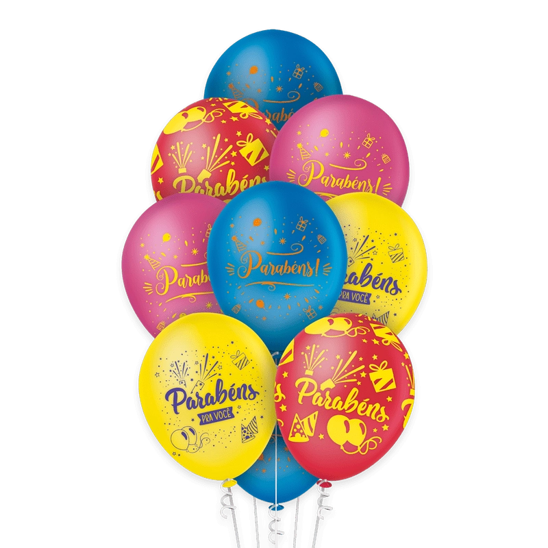 Balão Estampado Parabéns Colorido N 9 Regina Festas 25un