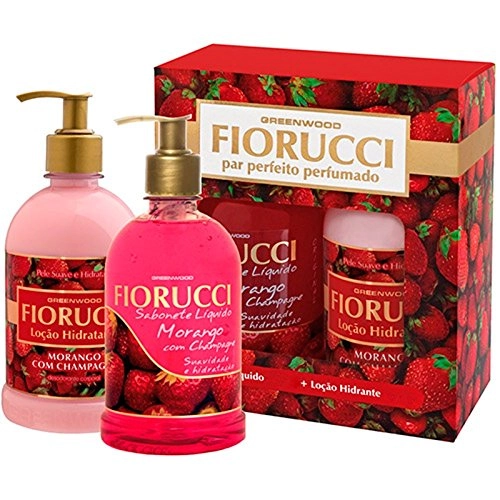 Kit Par Perfeito Fiorucci Morango Sabonete Líquido Loção Hidratante Caixa Presente