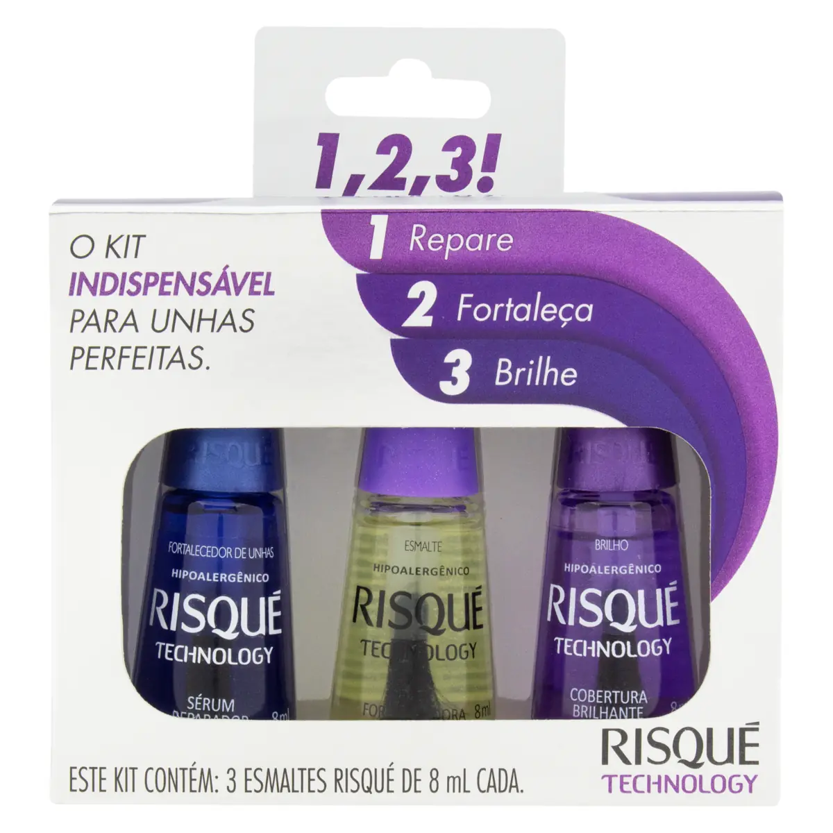 Kit Esmalte Sérum Reparador Base Fortalecedora Cobertura Brilhante Risqué Technology 8ml Cada