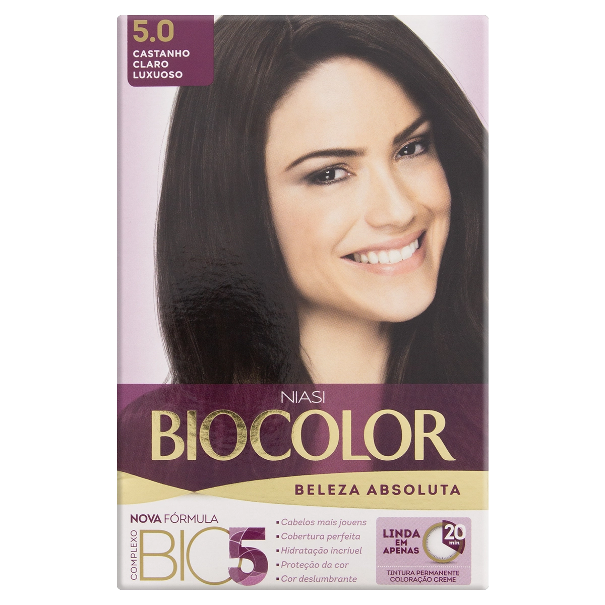 Kit Tintura Creme 5.0 Castanho Claro Luxuoso Biocolor Niasi Beleza Absoluta