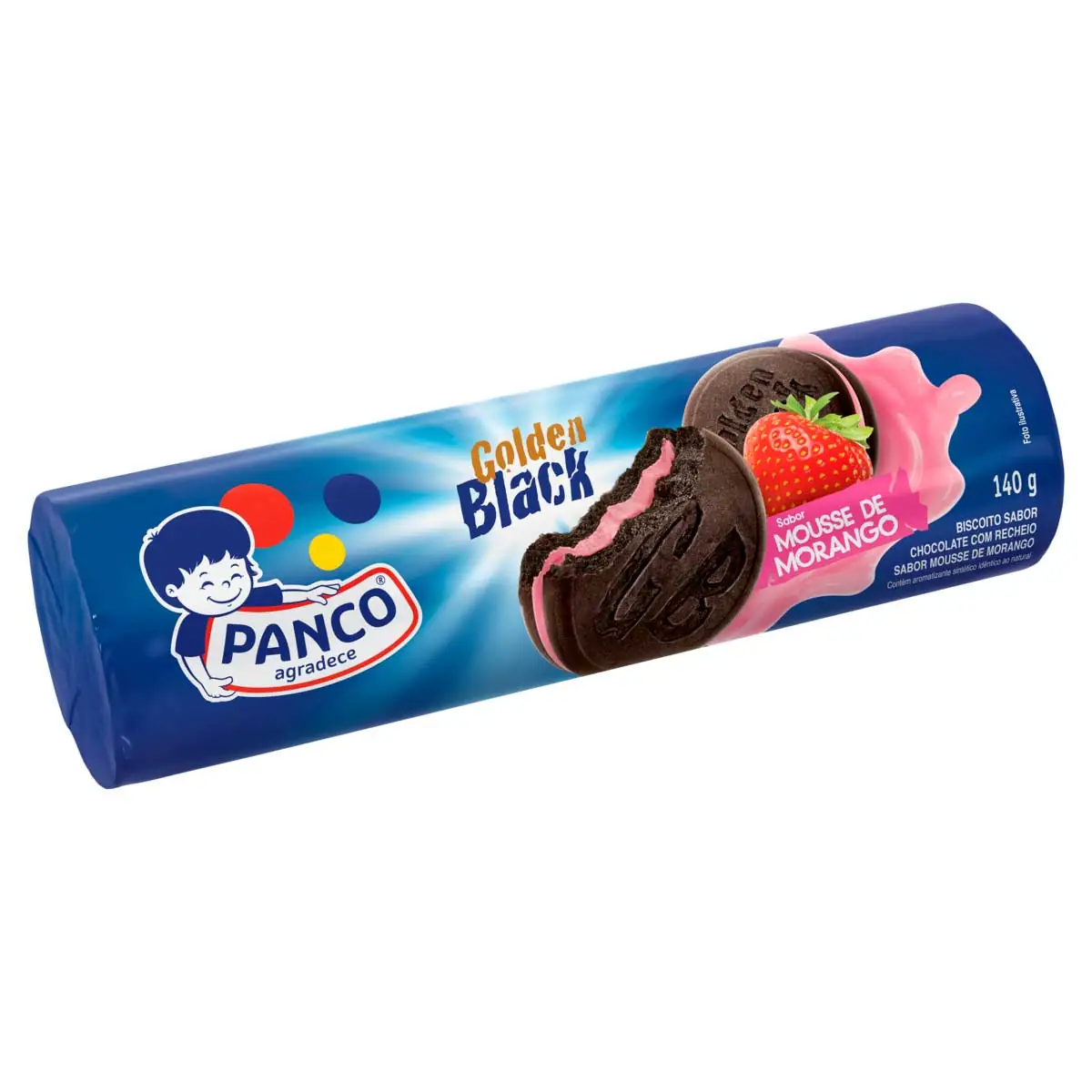 Biscoito Chocolate Recheio Mousse De Morango Panco Golden Black Pacote 140g
