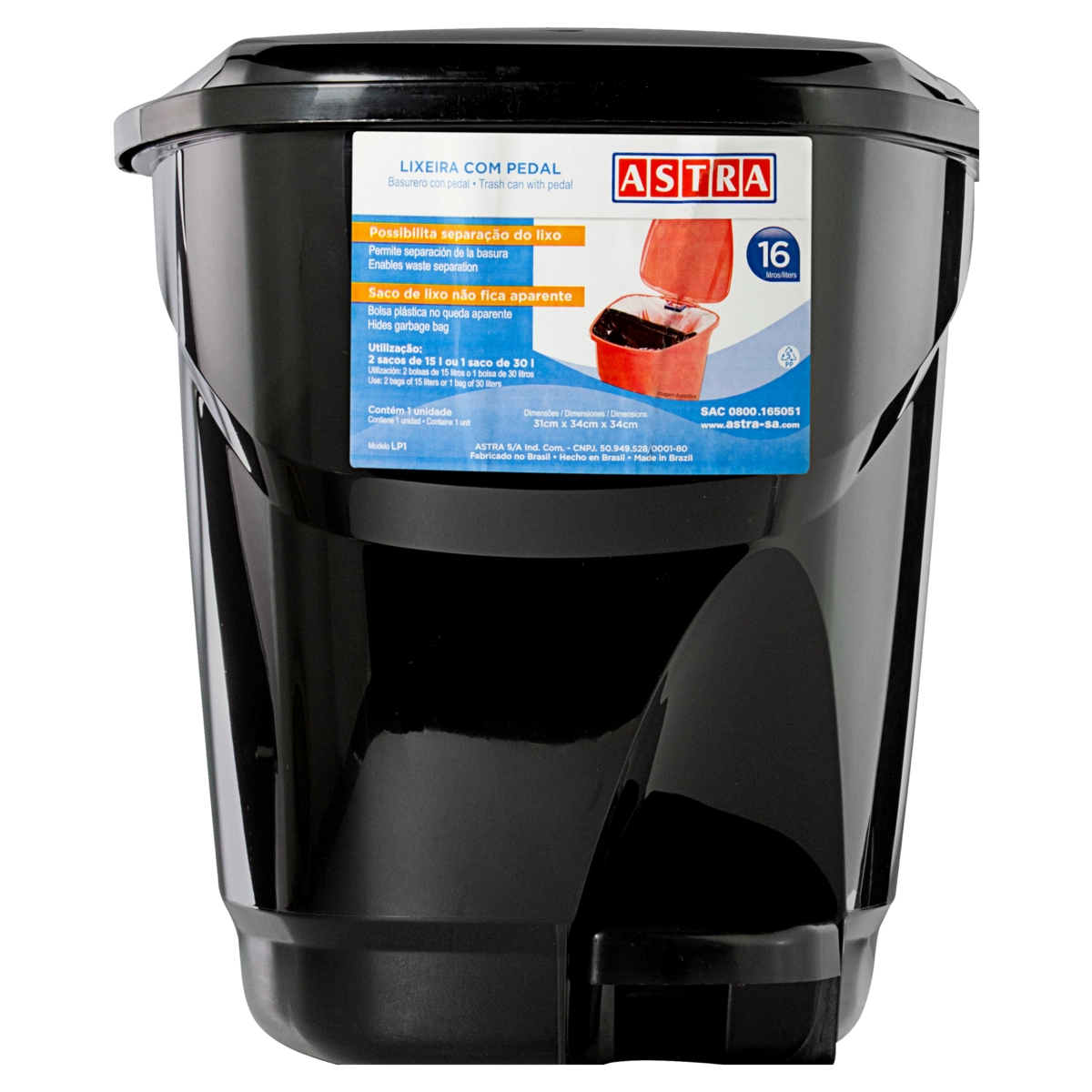 Lixeira Ecológica com Pedal Preta ASTRA