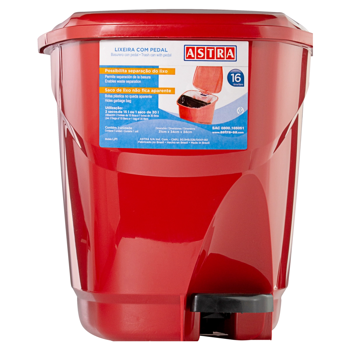 Lixeira Com Pedal Vermelha 16l Astra