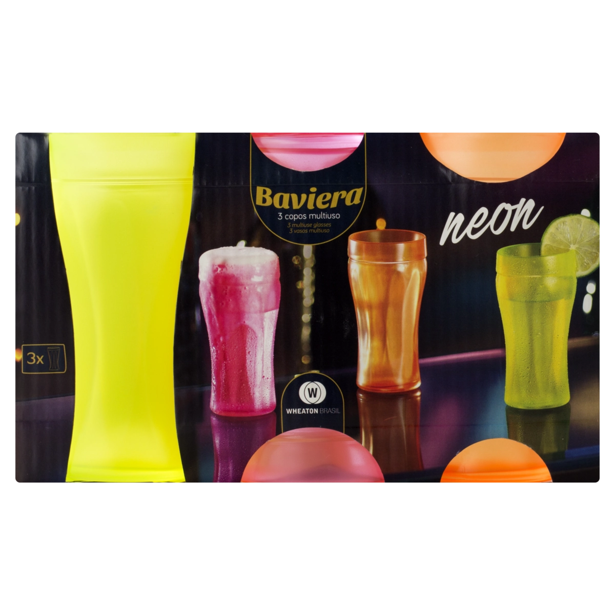 Conjunto Copo Vidro Neon 200ml Wheaton Baviera 3 Unidades